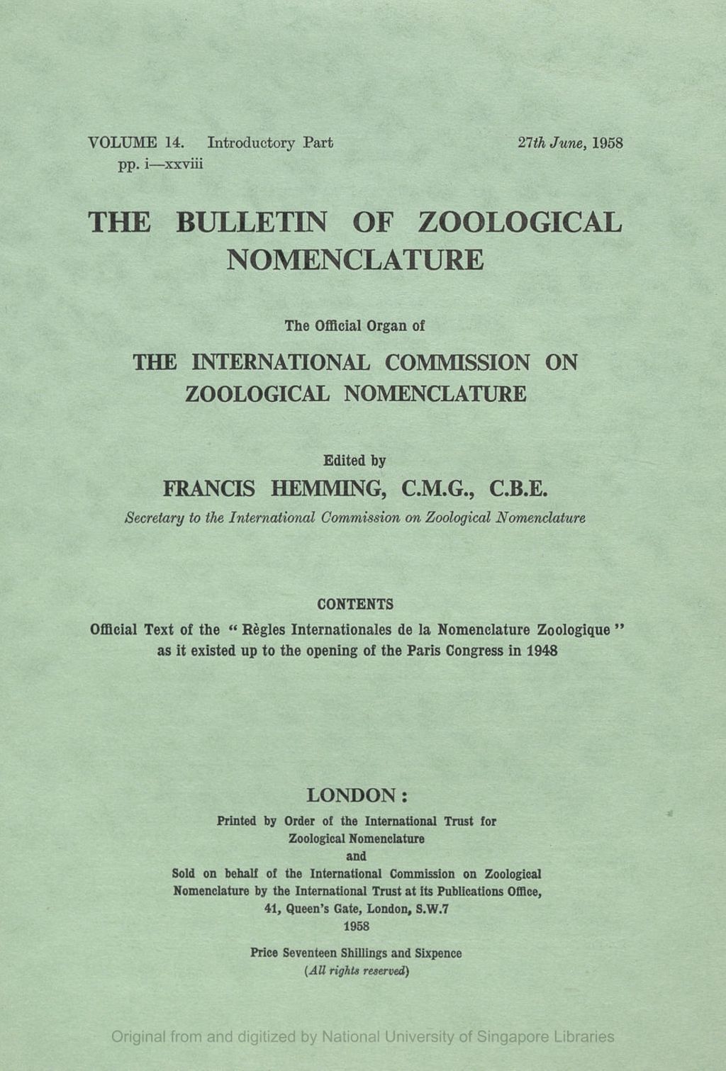 Miniature of Official Text of the Regles Internationales de la Nomenclature Zoologique (International Code of Zoological Nomenclature) as it Existed up to the Opening of the Paris Congress in 1948