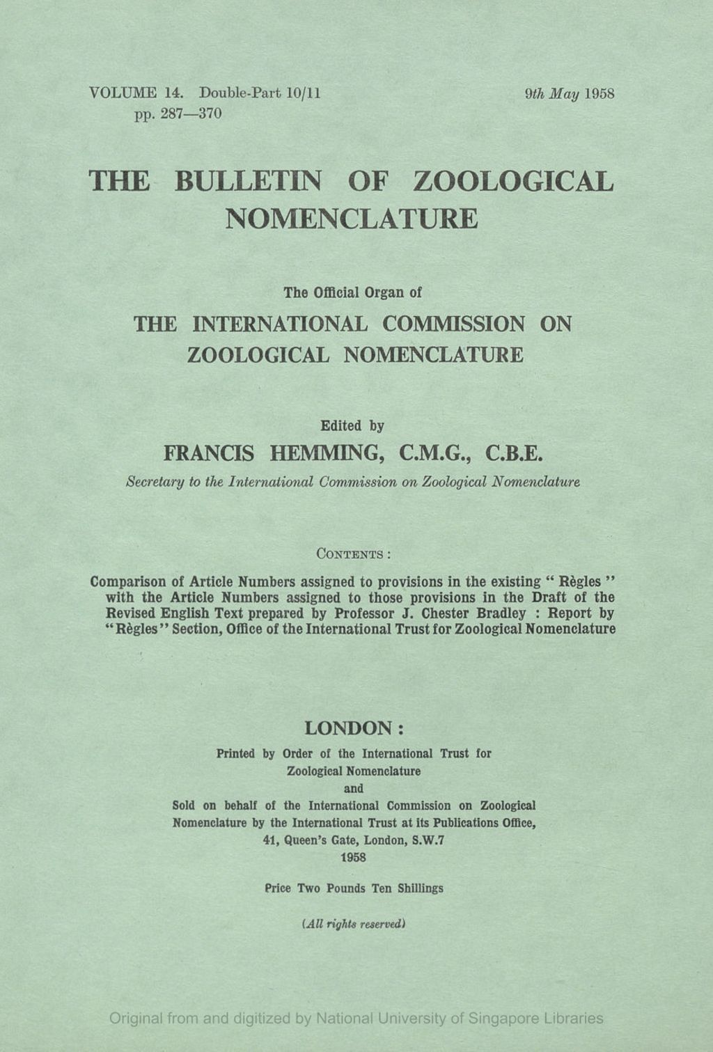 Miniature of Index to Professor Chester Bradley's Draft of the Revised Text of the "Regles" Arranged by Reference to the Article Numbers in the Existing Regles. Statement Prepared by the International Trust for Zoological Nomenclature