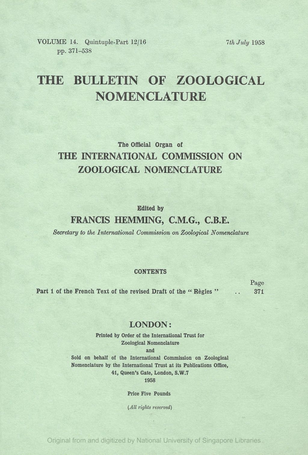 Miniature of Note on the Draft French Text of the Revised "Regles" as Printed in Volume 14 of the "Bulletin" of Zoological Nomenclature