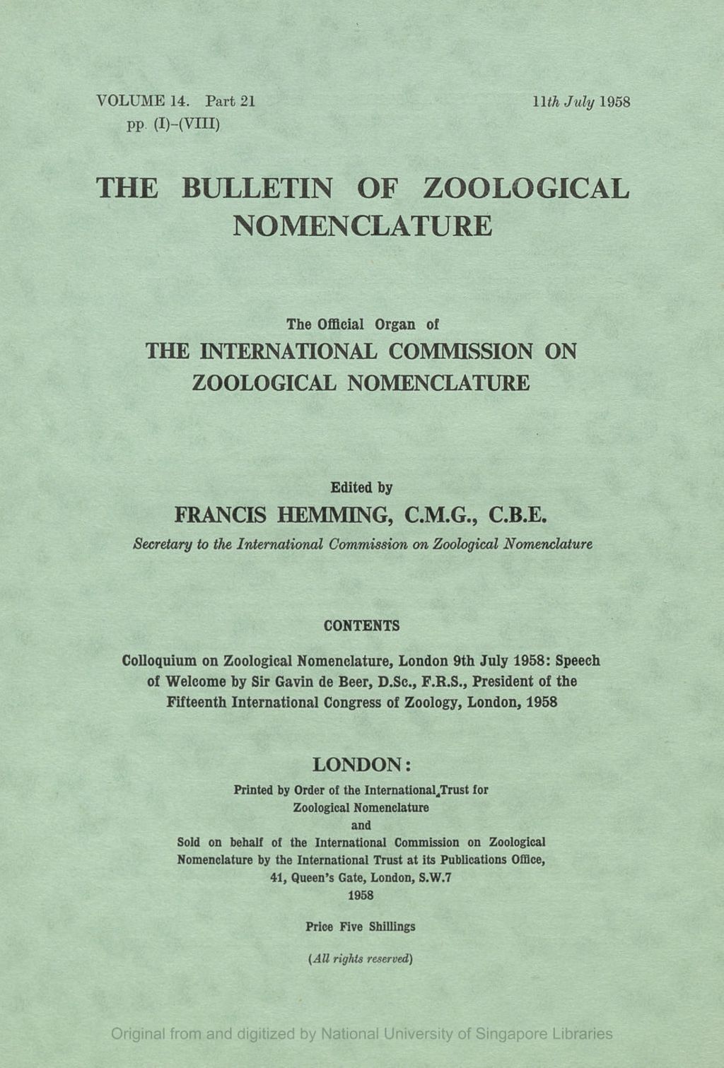 Miniature of Colloquium on Zoological Nomenclature, London 9th July 1958: Speech of Welcome by the President of the Fifteenth International Congress of Zoology, London, 1958