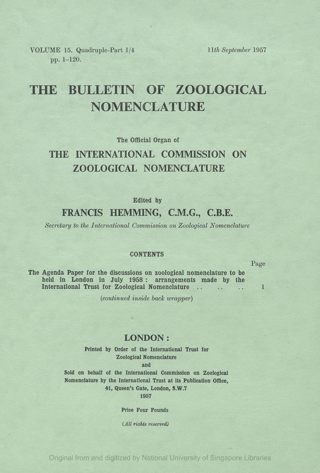 Miniature of The Agenda Paper for the Discussions on Zoological Nomenclature to be Held at, and in Connection with, the Fifteenth International Congress of Zoology, London, July 1958