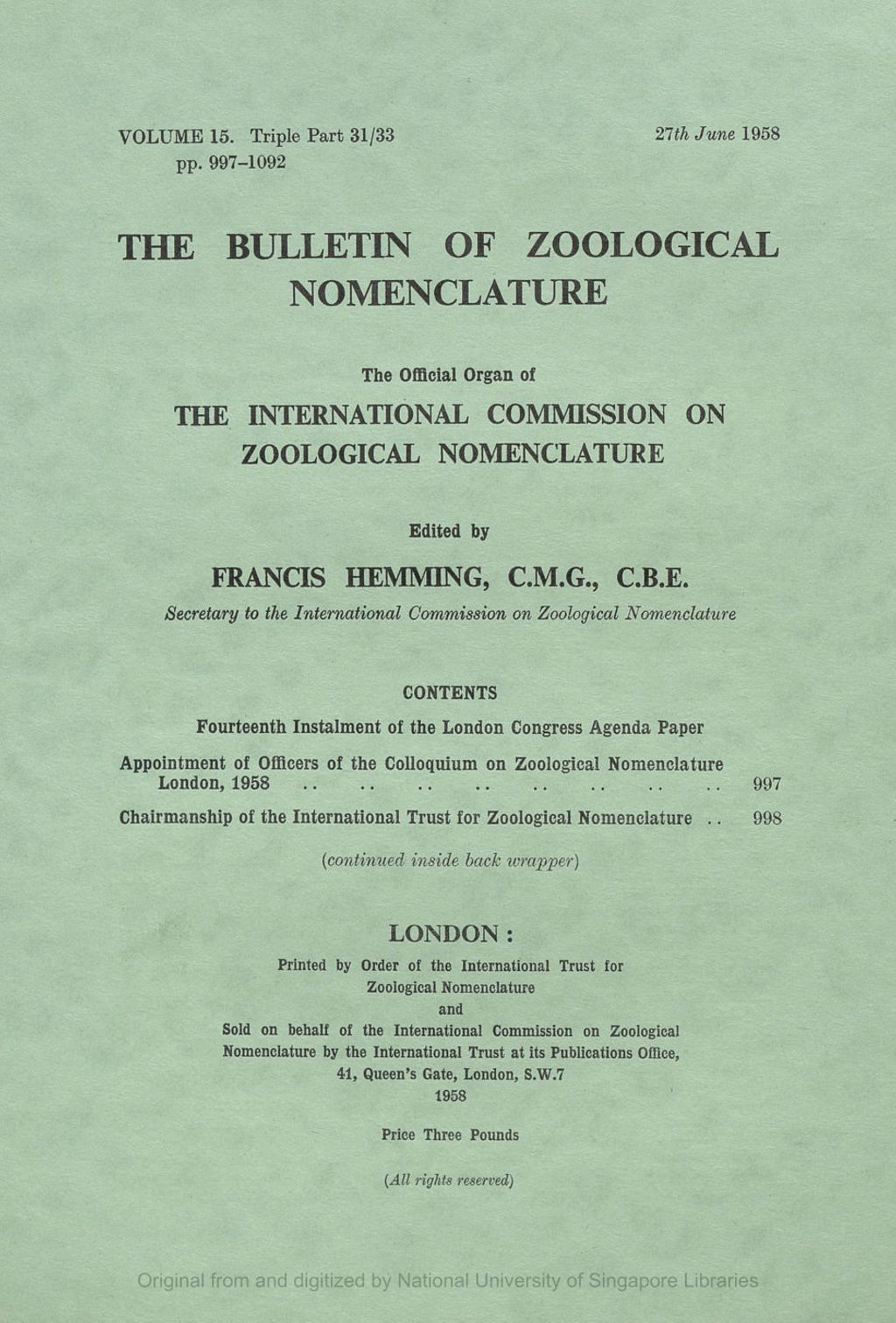 Miniature of Appointment of Officers of the Colloquium on Zoological Nomenclature, London, 1958