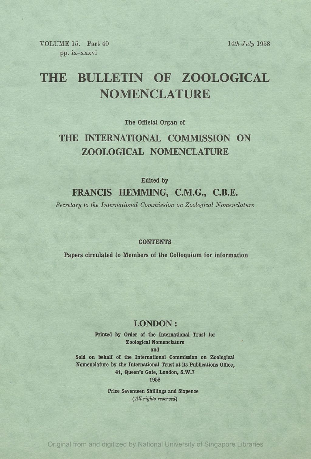 Miniature of Document A:—Report Dated 20th June 1958 Submitted by the Interim Committee on Zoological Nomenclature in respect of the Period 1953-1958 addressed to Professor J. Chester Bradley, President of the International Commission on Zoological Nomenclature