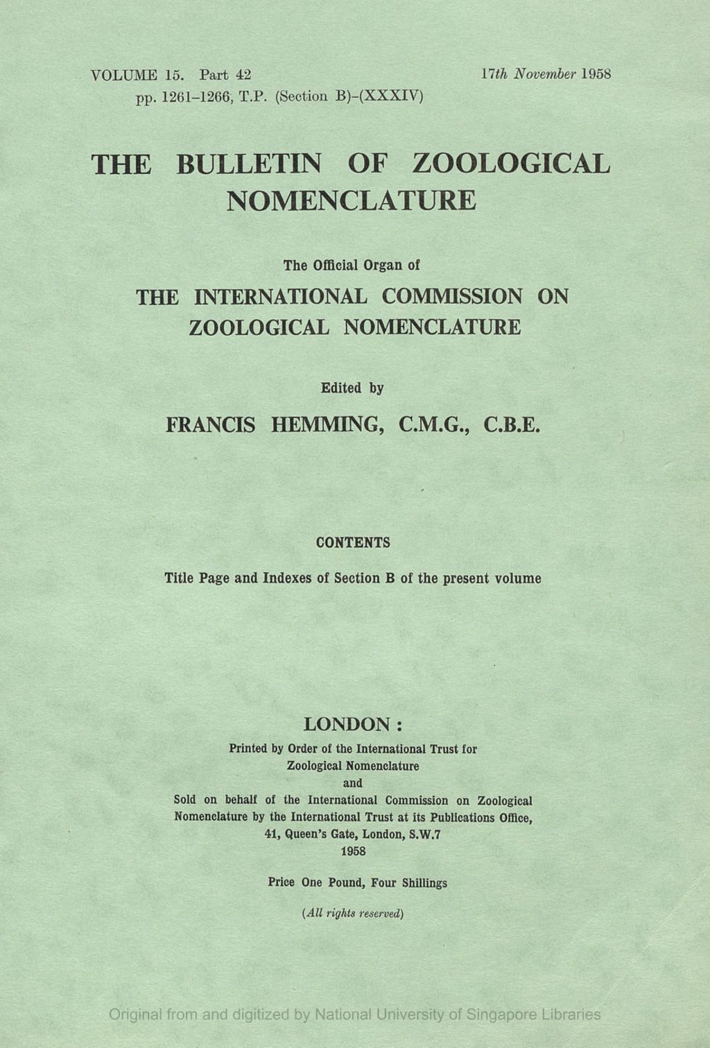 Miniature of Index to Authors of communications Included in the Second Section (Section B) of the Agenda Paper for the Colloquium on Zoological Nomenclature, London, 1958