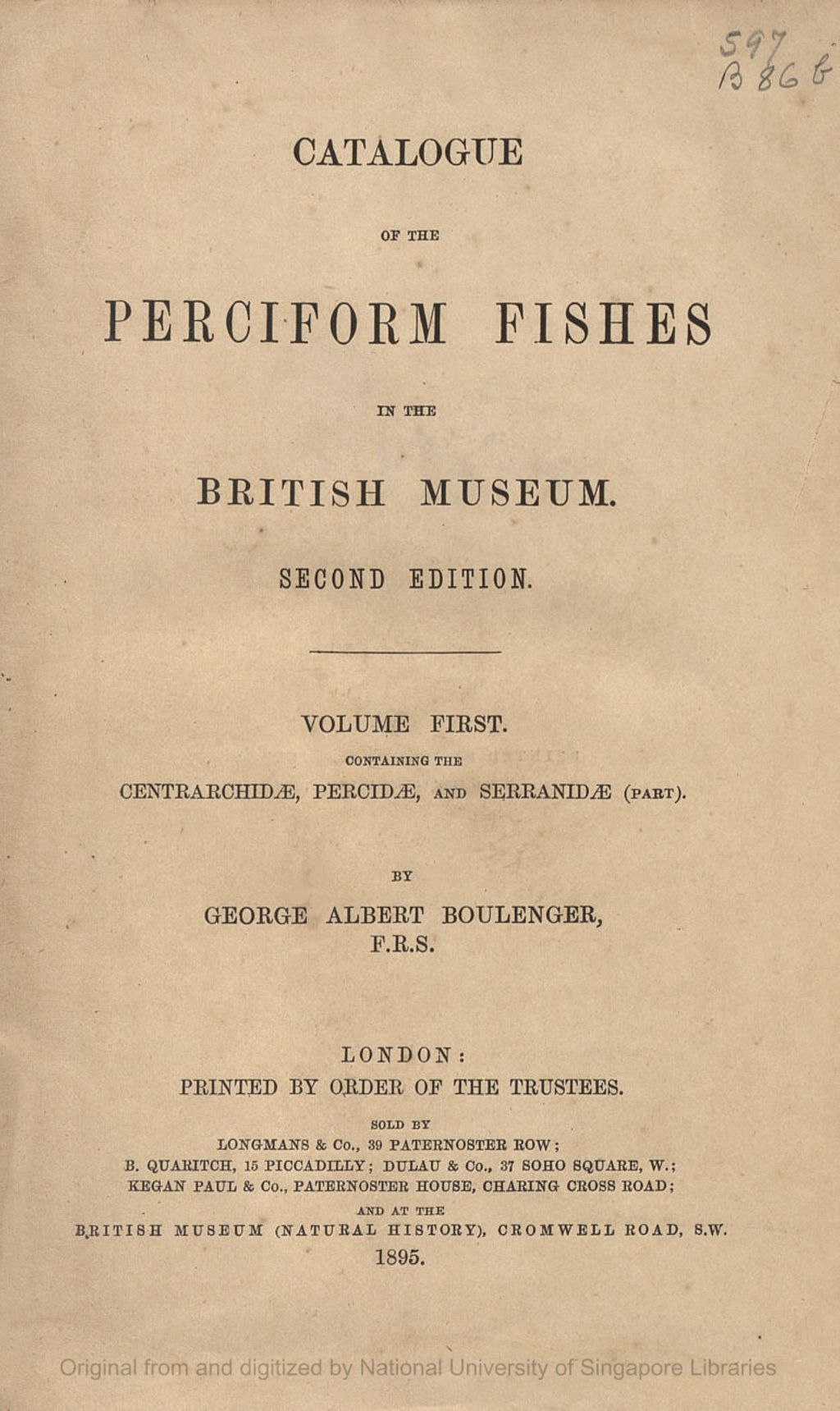 Miniature of Catalogue of the Perciform Fishes in the British Museum. Volume 1. Centrarchidae, Percidae, and Serranidae