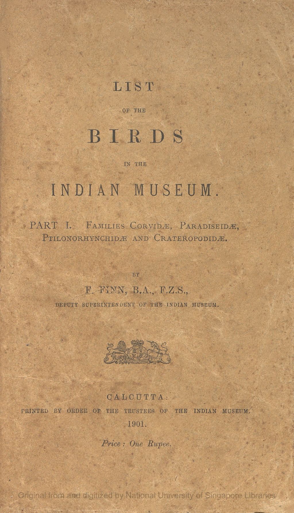 Miniature of List of Birds in the Indian Museum. Part I. Families Corvidae, Paradiseidae, Ptilonorhynchidae and Crateropodidae.