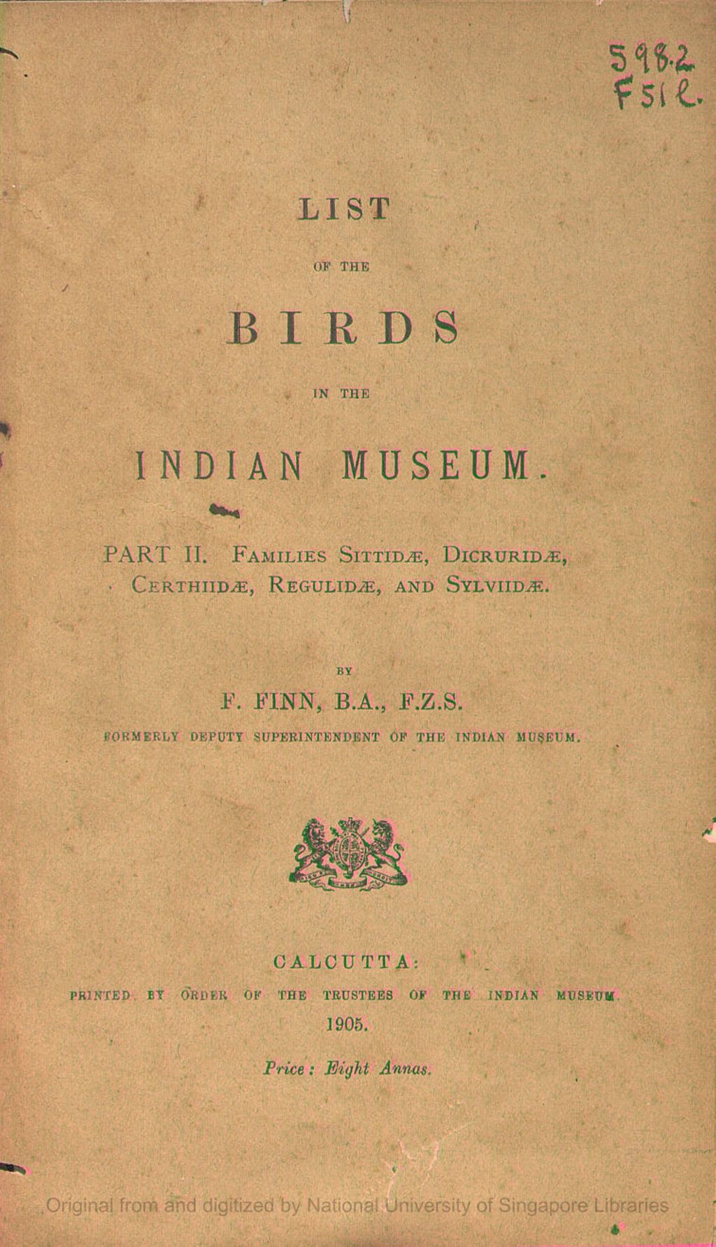 Miniature of List of Birds in the Indian Museum. Part II. Families Sittidae, Dicruridae, Certhiidae, Regulidae, and Sylviidae