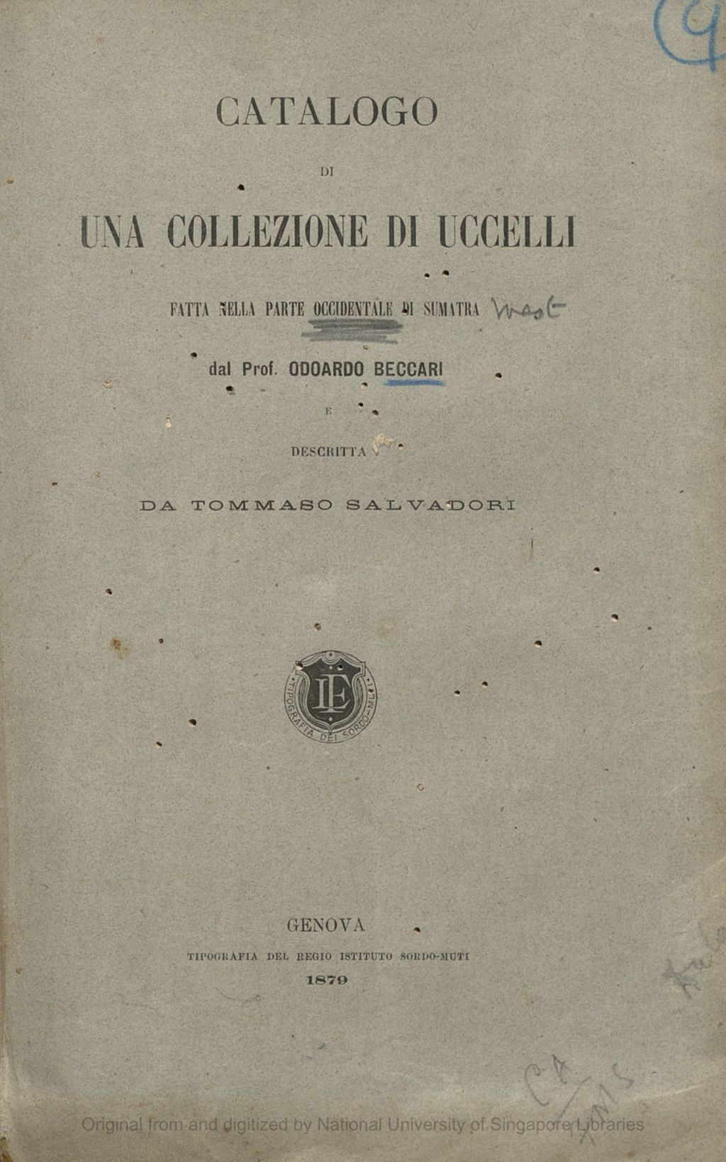 Miniature of Catalogo di Una Collezione di Uccelli Fatta Nella Parte Occidentale di Sumatra dal Prof. Odoardo Beccari