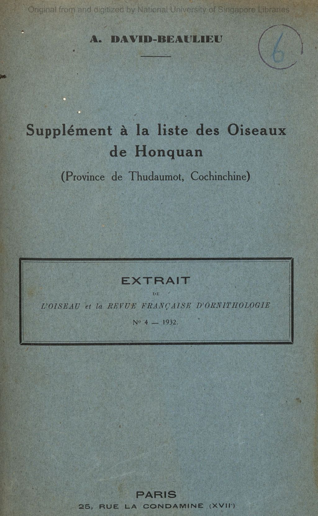 Miniature of Supplement a la liste des oiseaux de Honquan (Province de Thudaumot, Cochinchine)