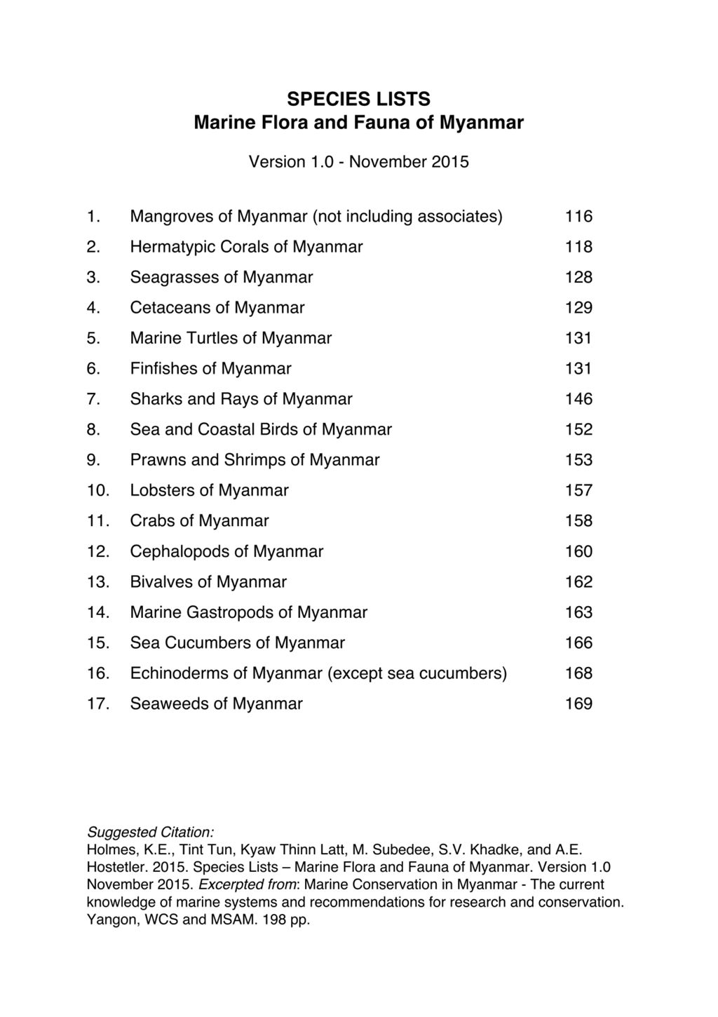 Miniature of Species Lists Marine Flora and Fauna of Myanmar. November 2015