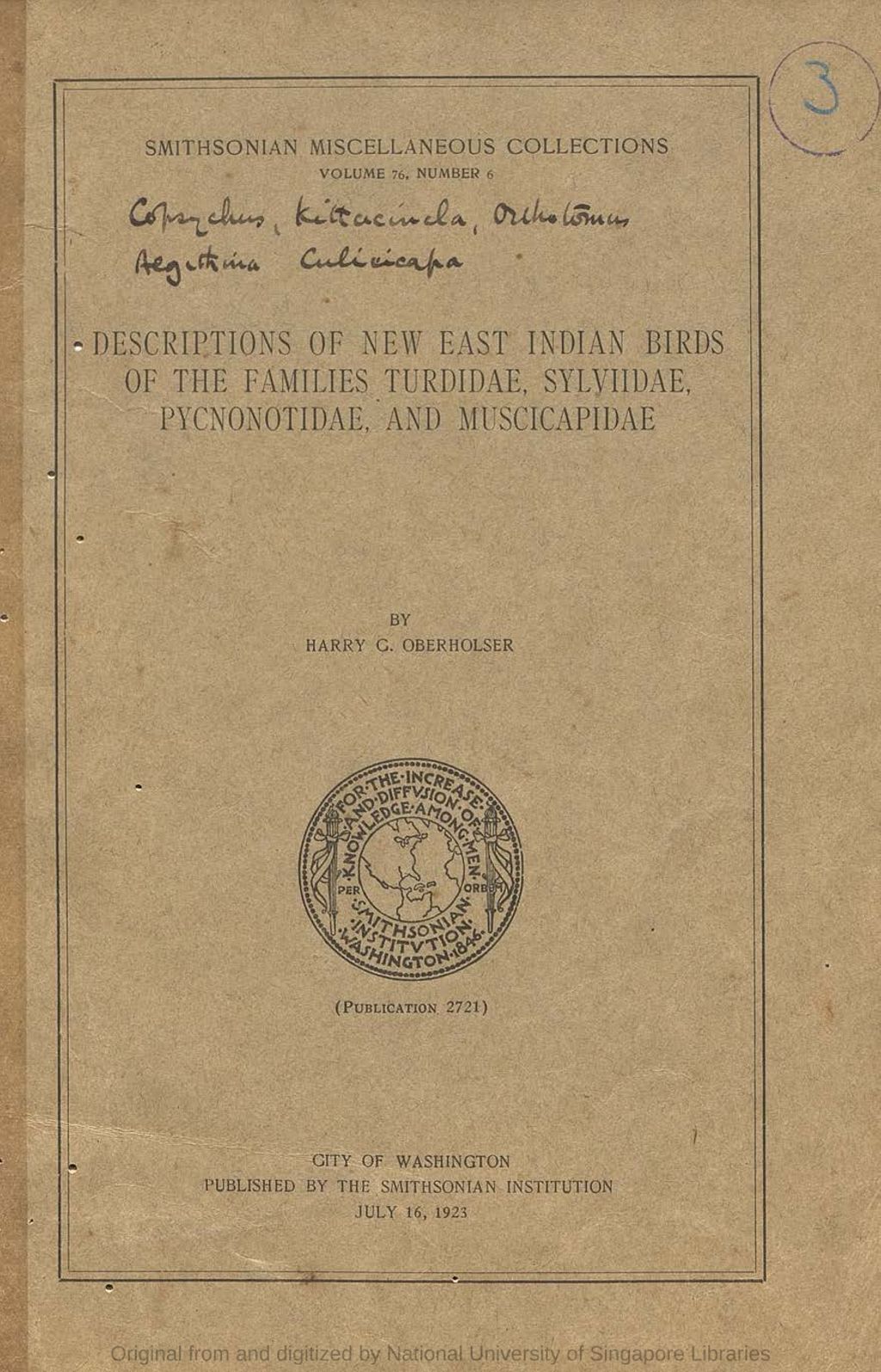 Miniature of Descriptions of New East Indian Birds of Families Turdidae, Sylviidae, Pycnonotidae, and Muscicapidae