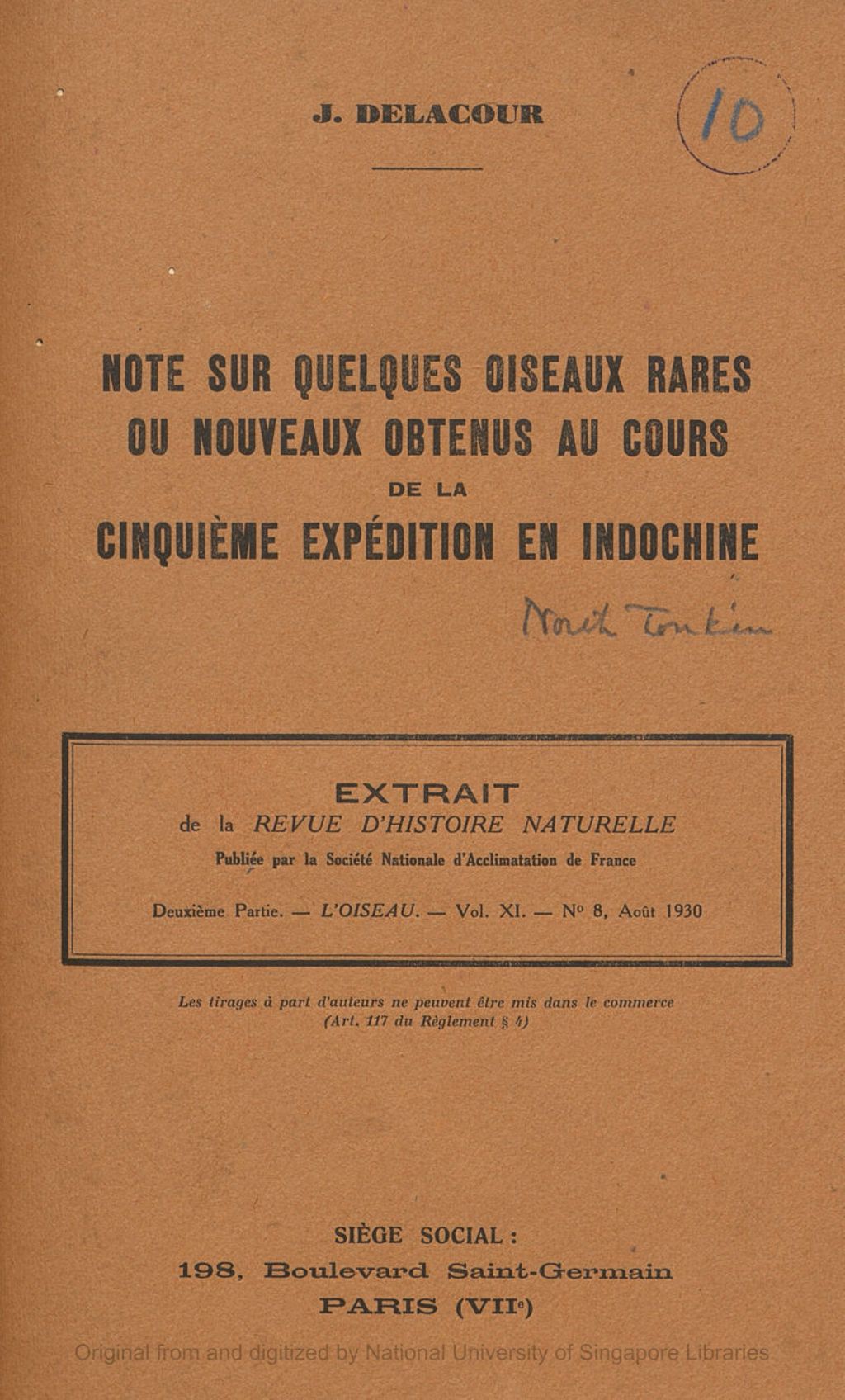 Miniature of Note sur quelques oiseaux rares ou nouveaux obtenus au cows de la cinquieme expedition en Indochine