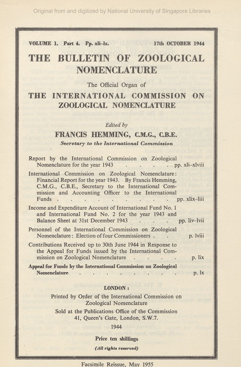 Miniature of Report by the International Commission on Zoological Nomenclature for the Year 1943