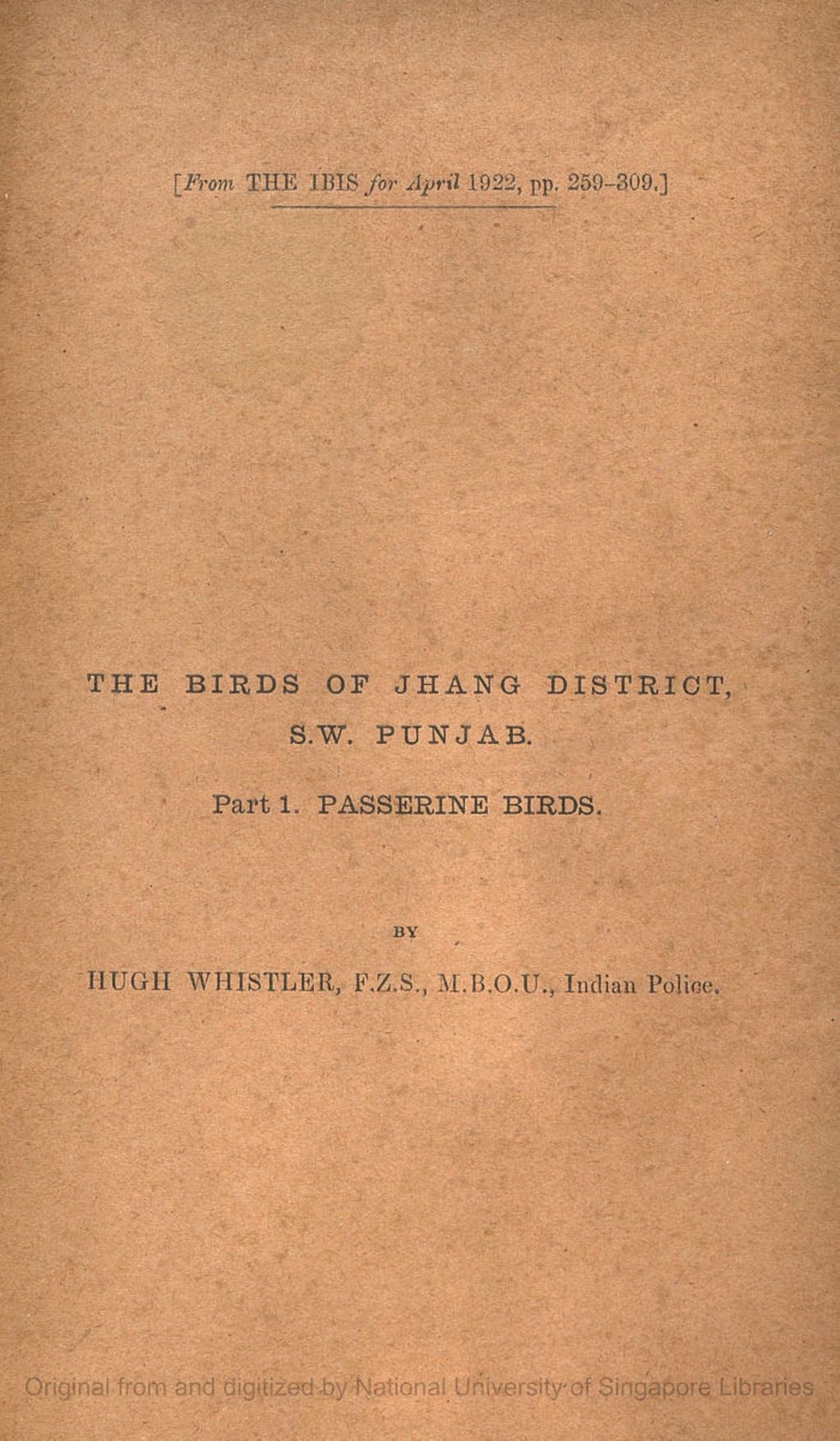 Miniature of The Birds of Jhang District, S. W. Punjab. Part I. Passerine Birds.