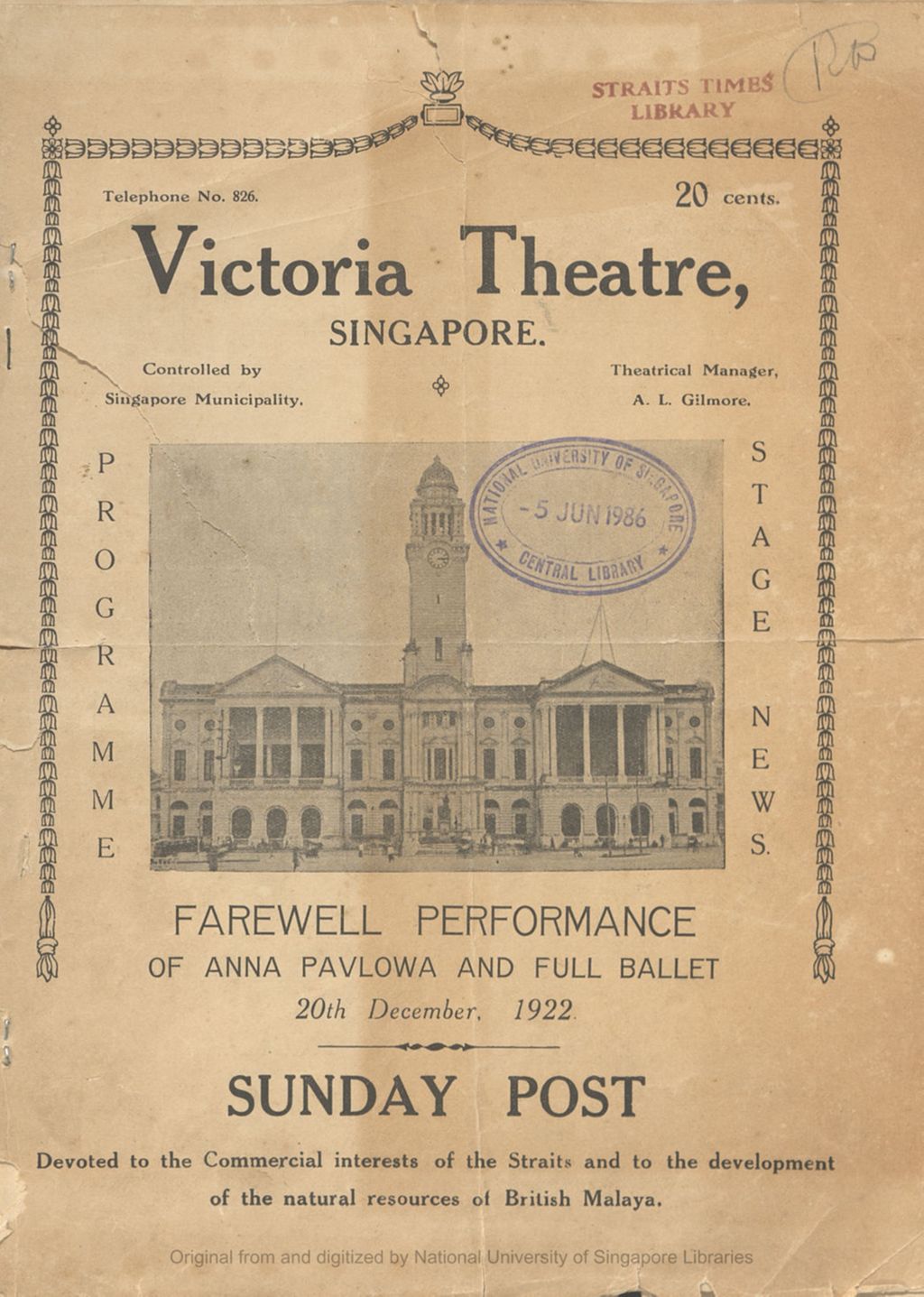 Miniature of Victoria theatre, Singapore : farewell performance of Anna Pavlowa and Full ballet, 20th December 1922