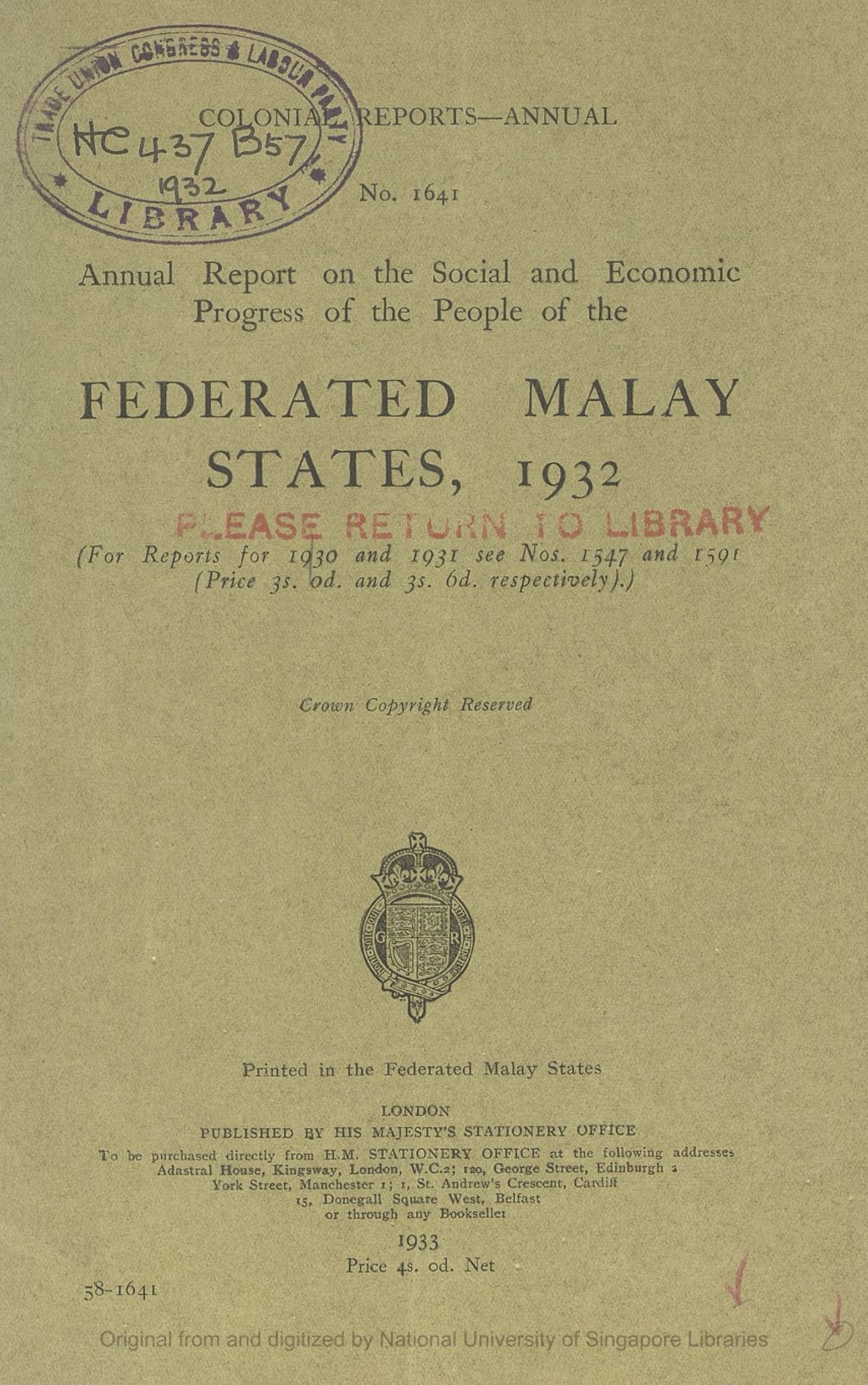 Miniature of Annual report on the social and economic progress of the people of the Federated Malay States, 1932. Number 1641