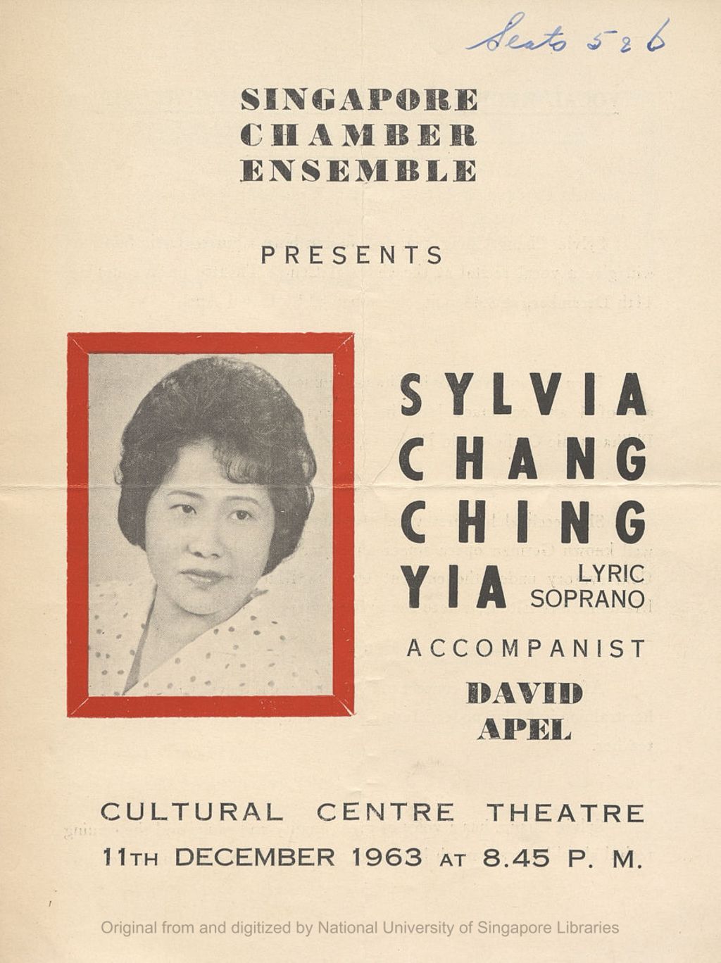 Miniature of Sylvia Chang Ching Yia, lyric soprano; accompanist, David Apel : Cultural Centre Theatre, 11th December 1963 at 8.45 p.m.