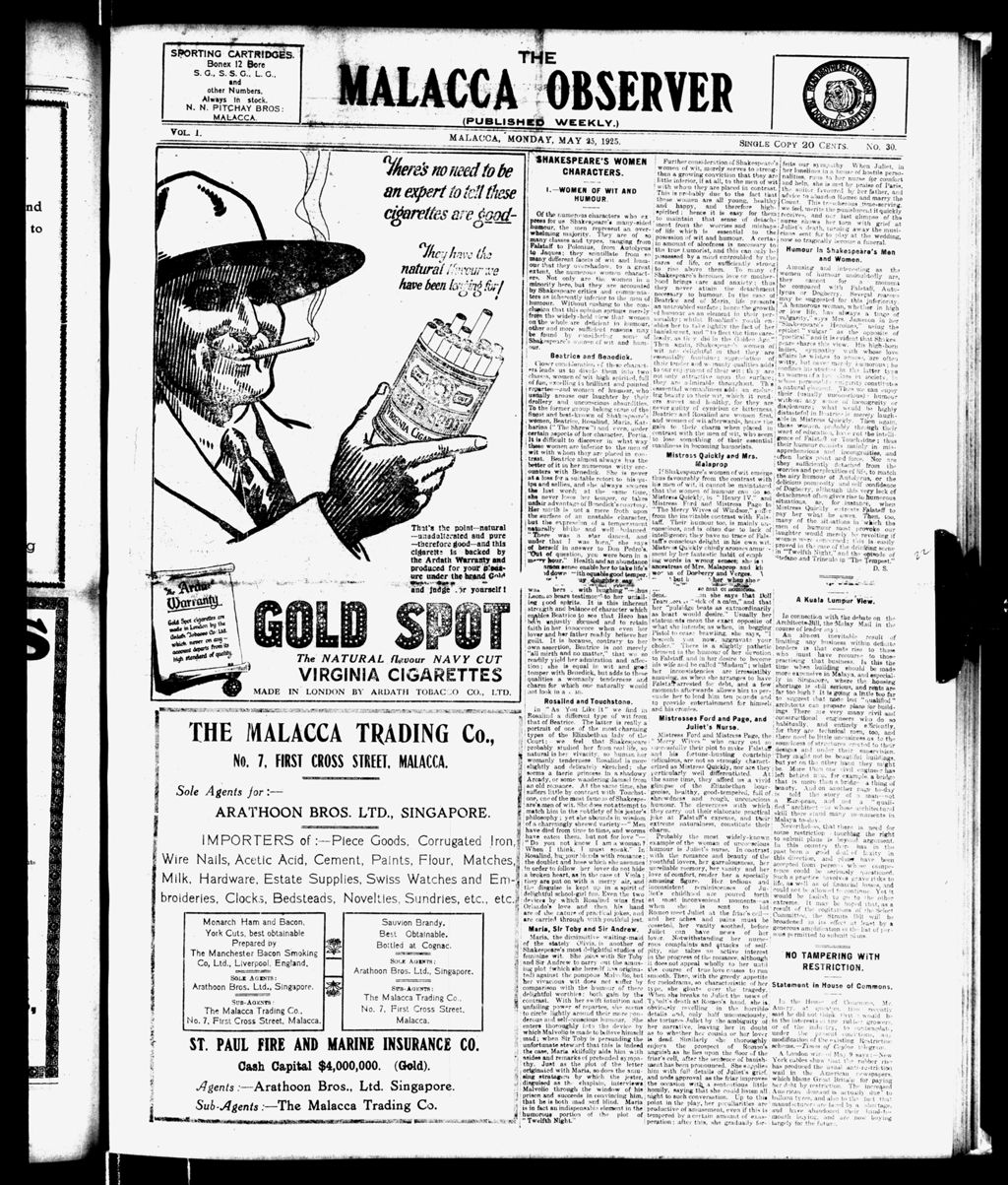 Miniature of Malacca Observer 25 May 1925