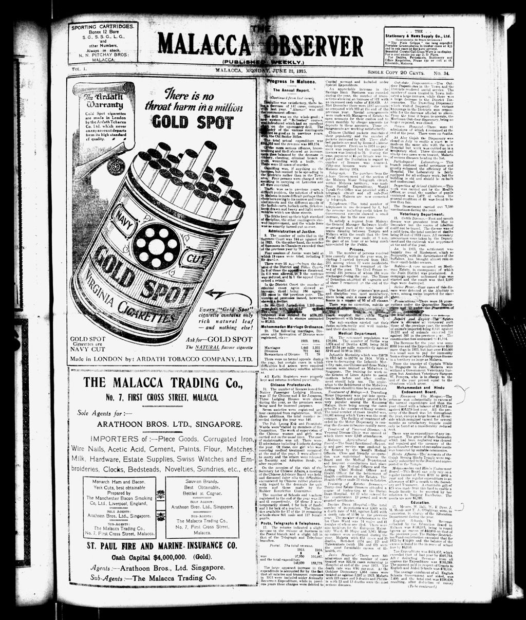 Miniature of Malacca Observer 22 June 1925