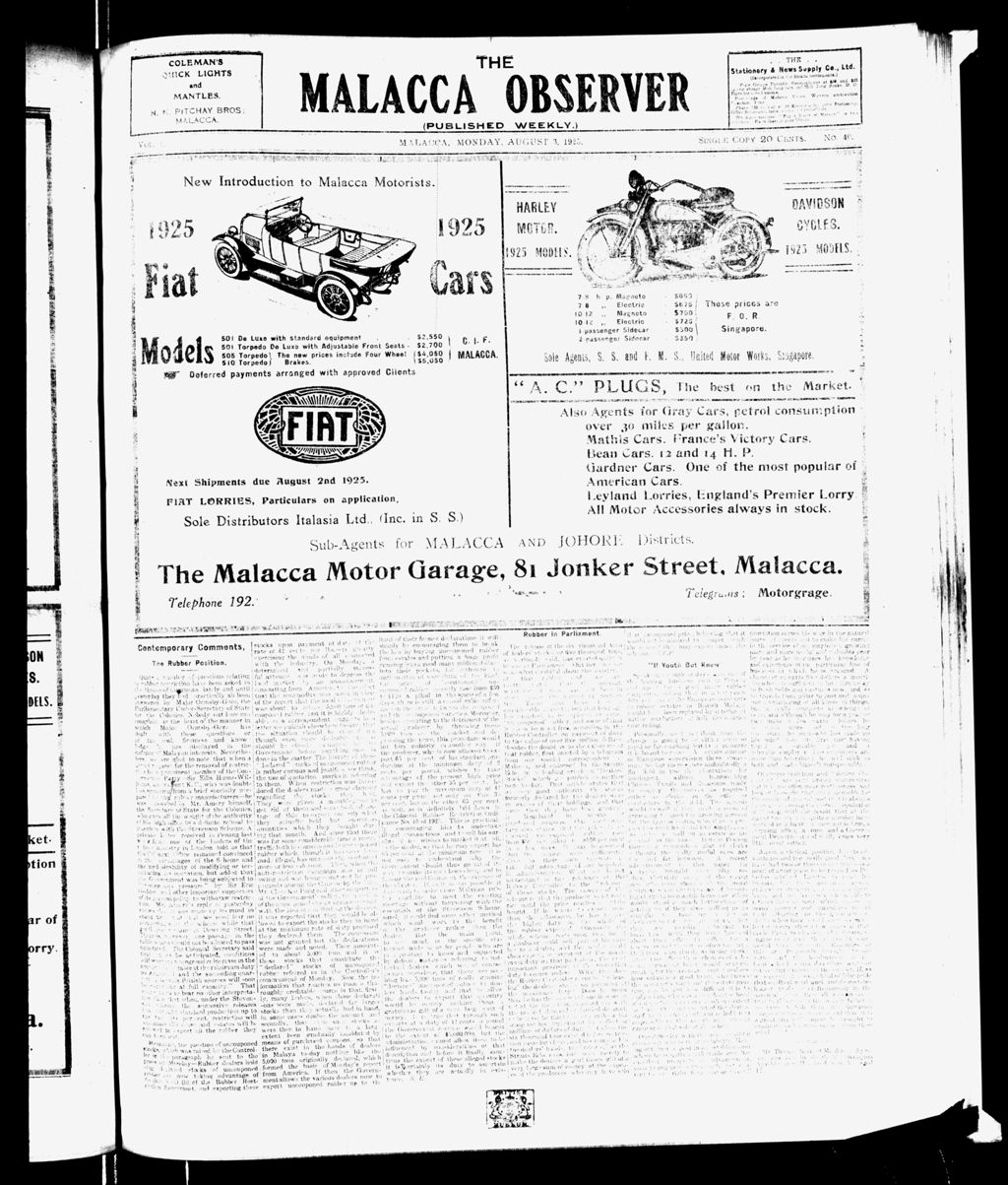 Miniature of Malacca Observer 03 August 1925