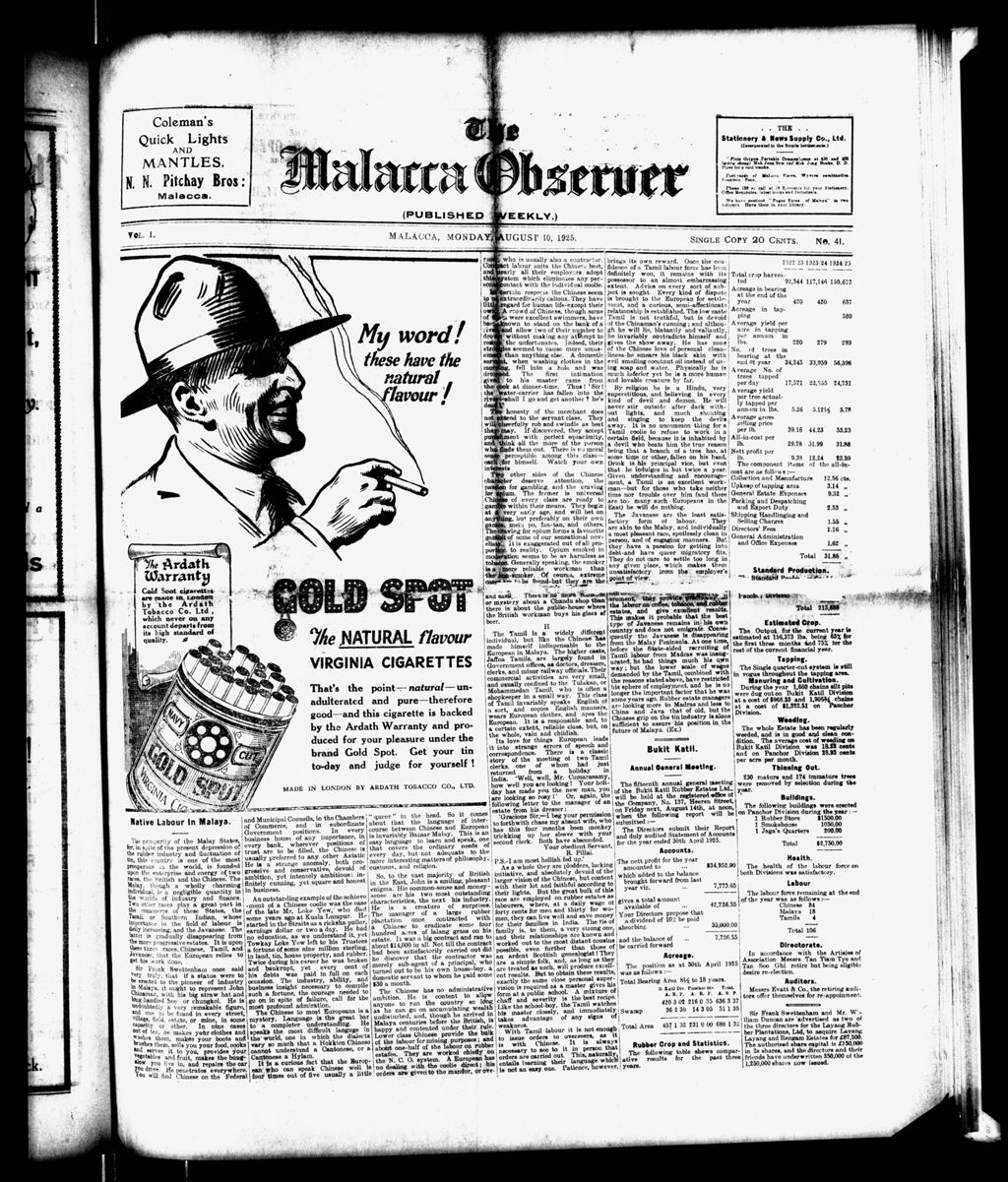 Miniature of Malacca Observer 10 August 1925