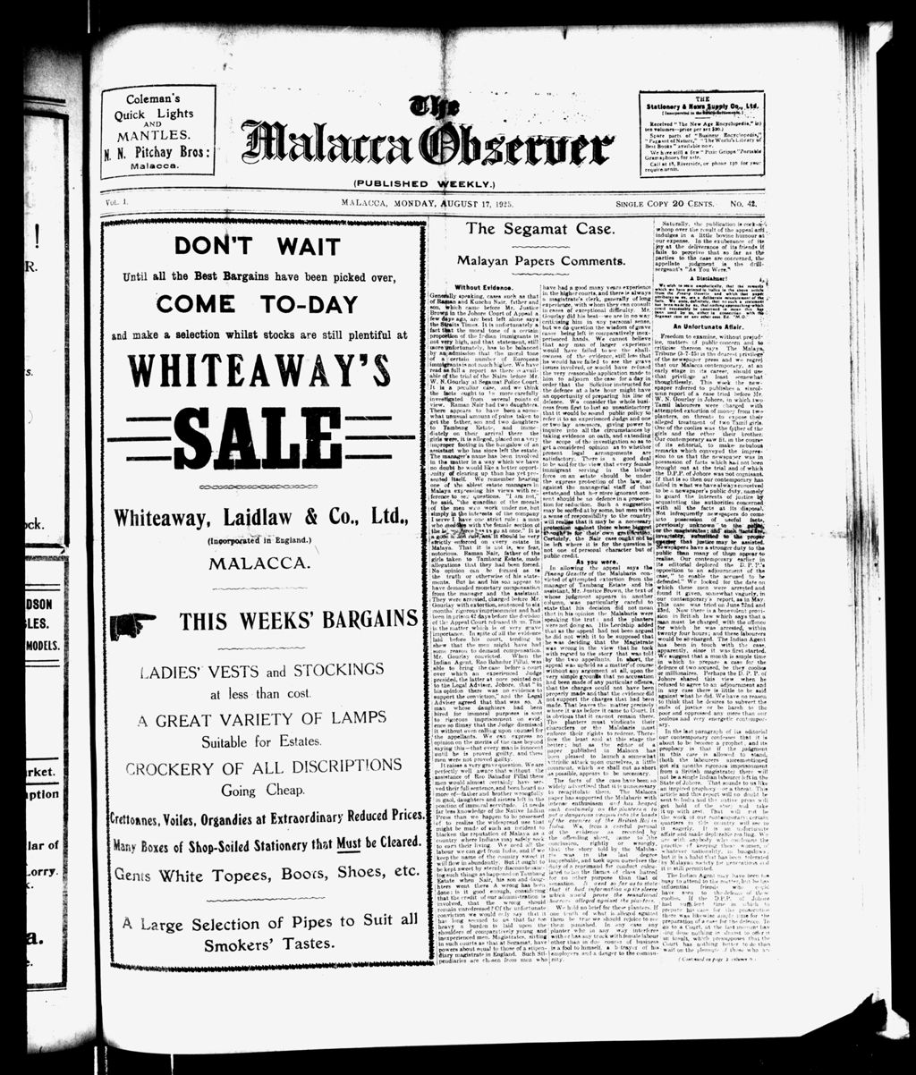 Miniature of Malacca Observer 17 August 1925