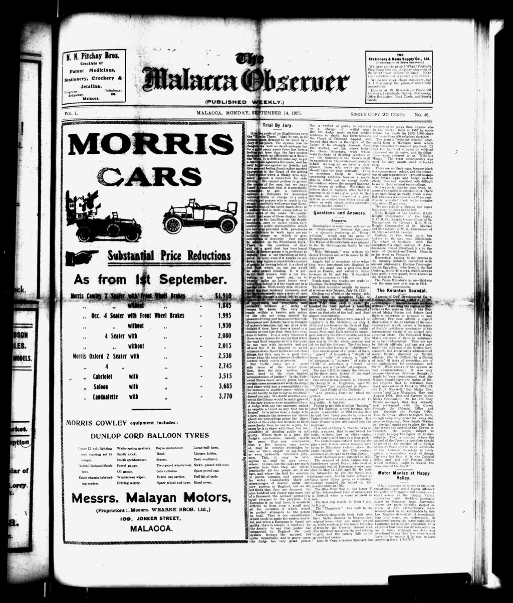 Miniature of Malacca Observer 14 September 1925