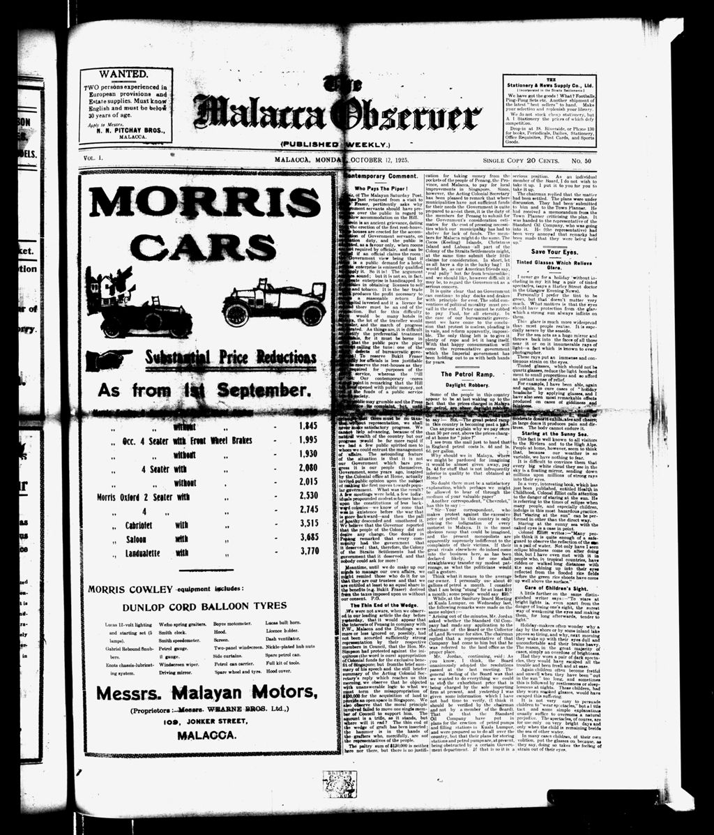 Miniature of Malacca Observer 12 October 1925