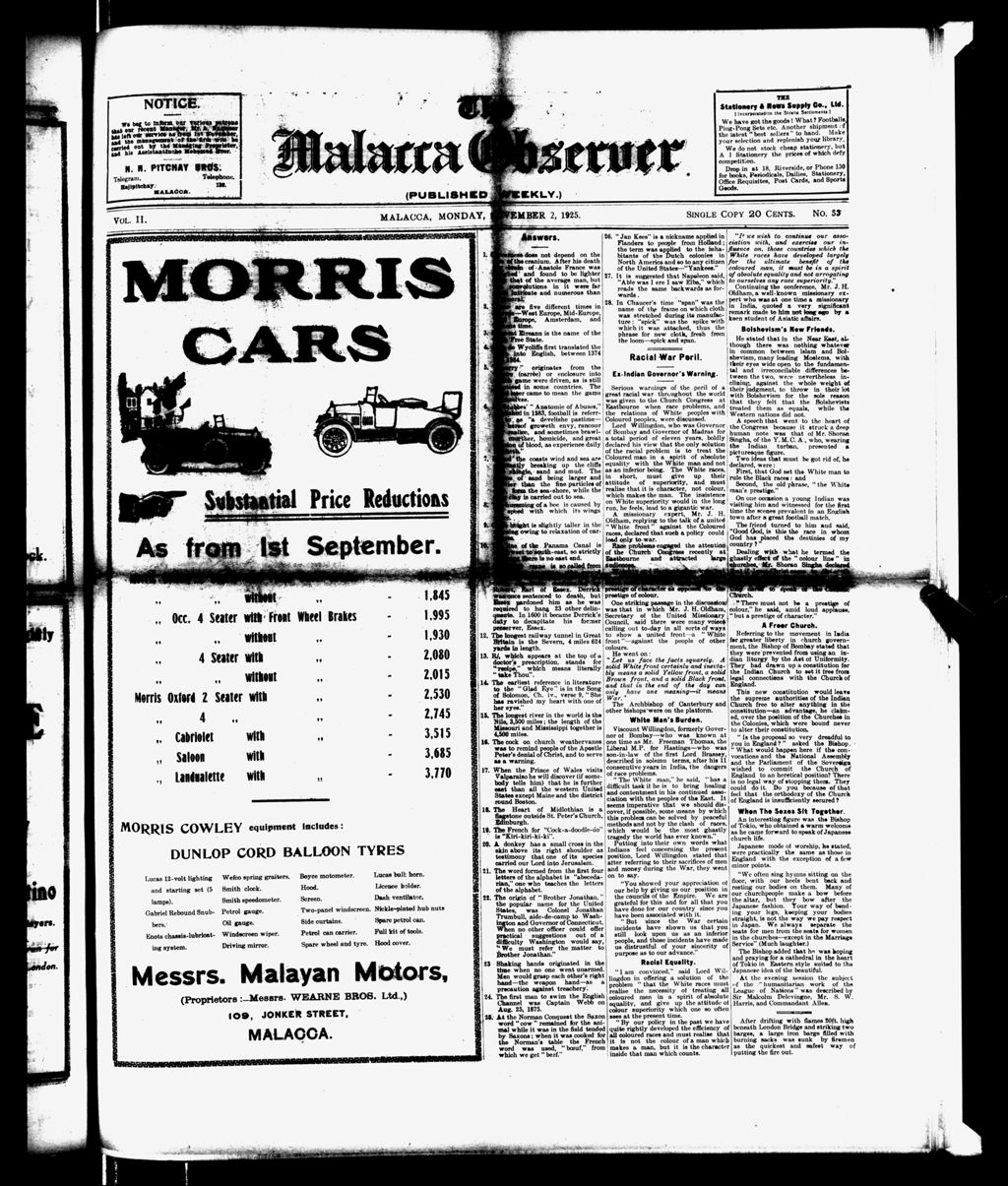 Miniature of Malacca Observer 02 November 1925