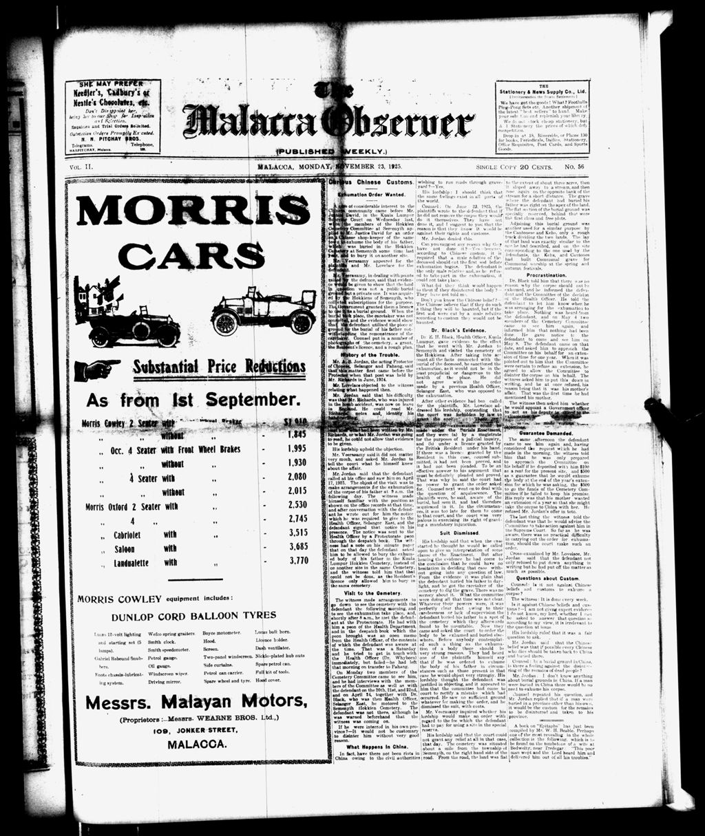 Miniature of Malacca Observer 23 November 1925