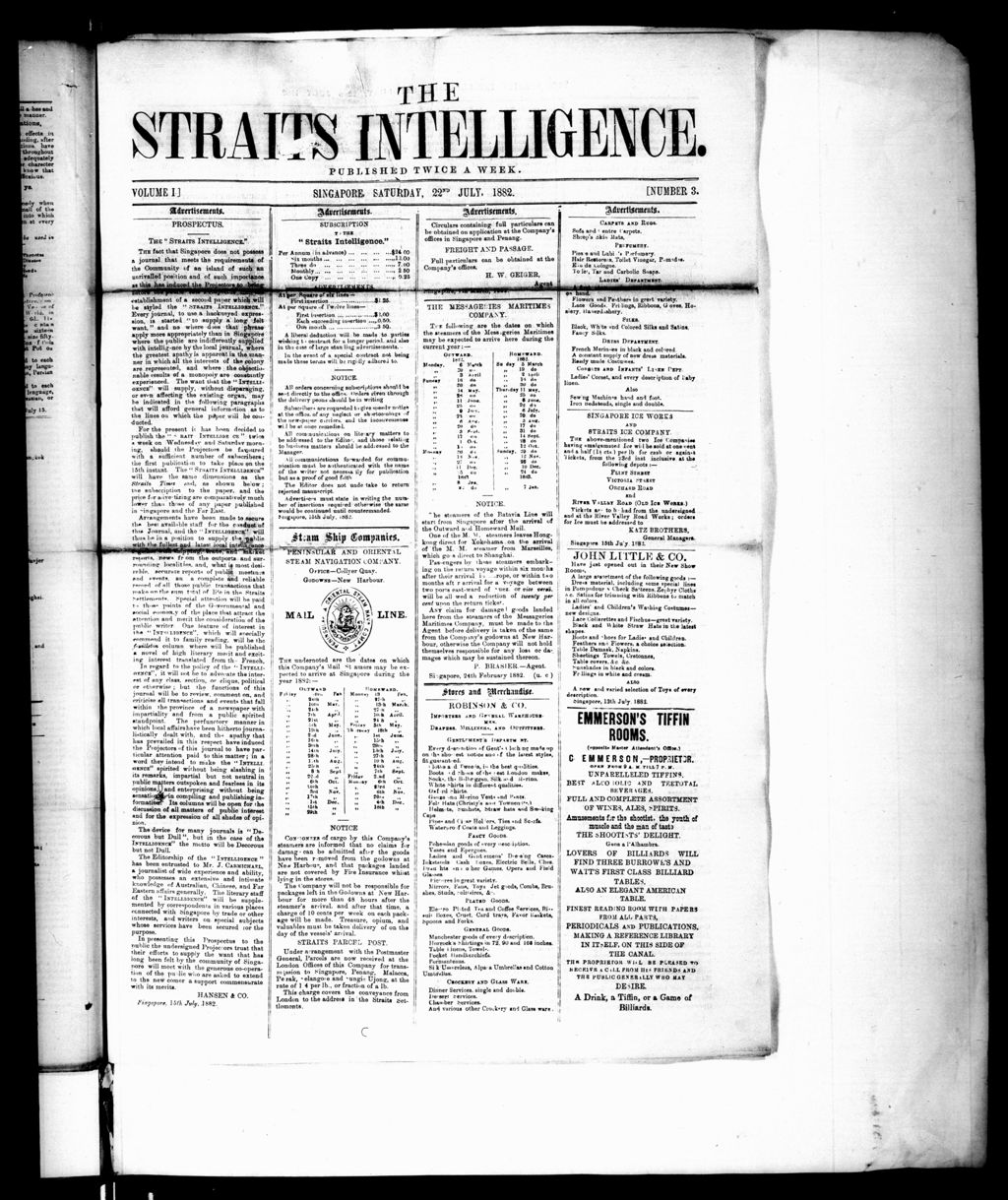 Miniature of Straits Intelligence 22 July 1882