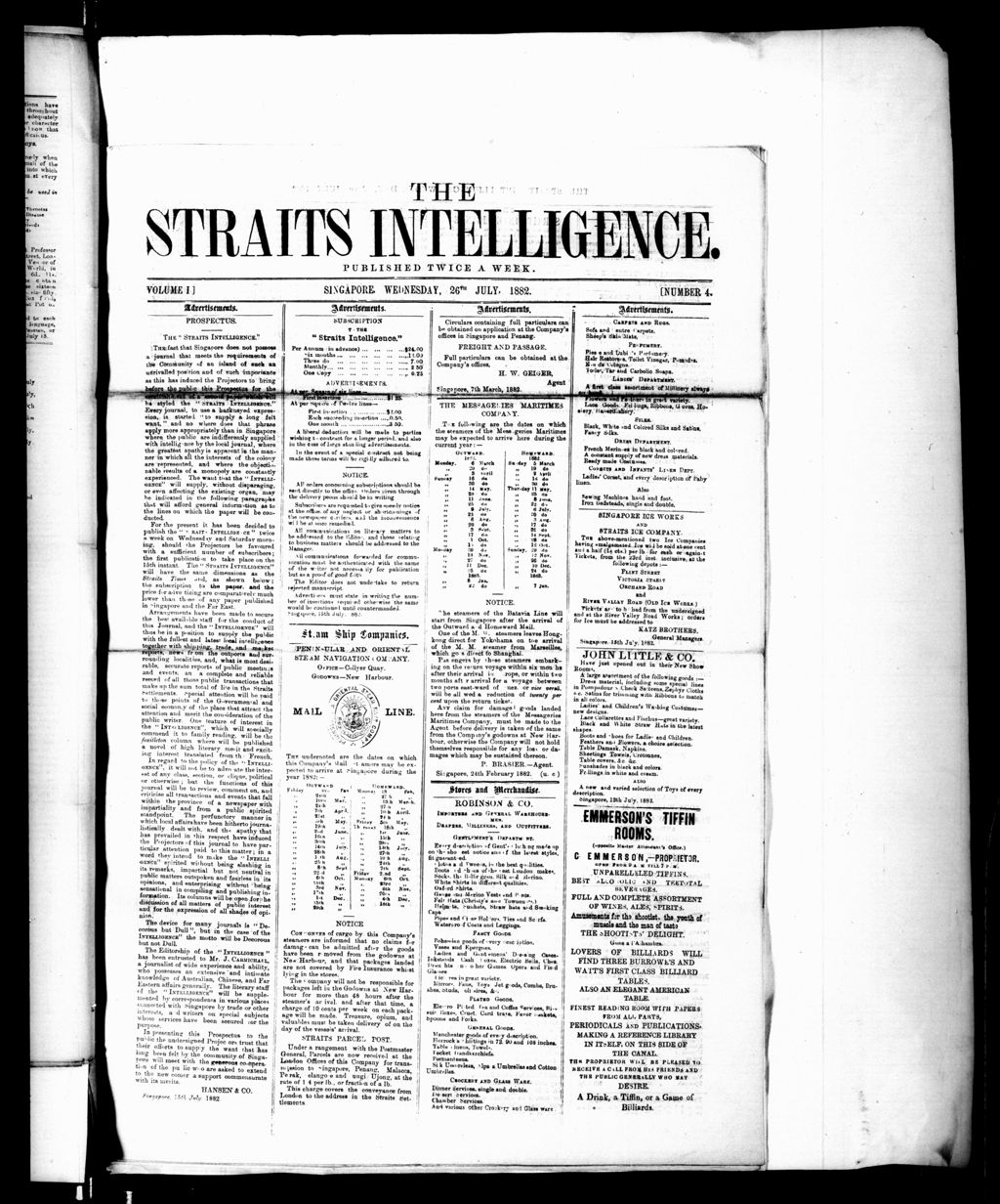 Miniature of Straits Intelligence 26 July 1882