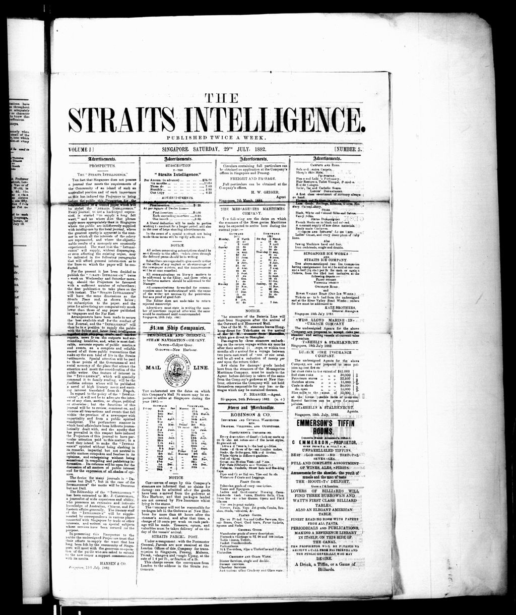 Miniature of Straits Intelligence 29 July 1882