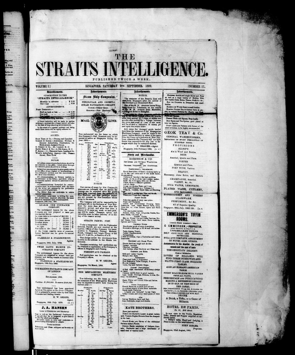 Miniature of Straits Intelligence 09 September 1882