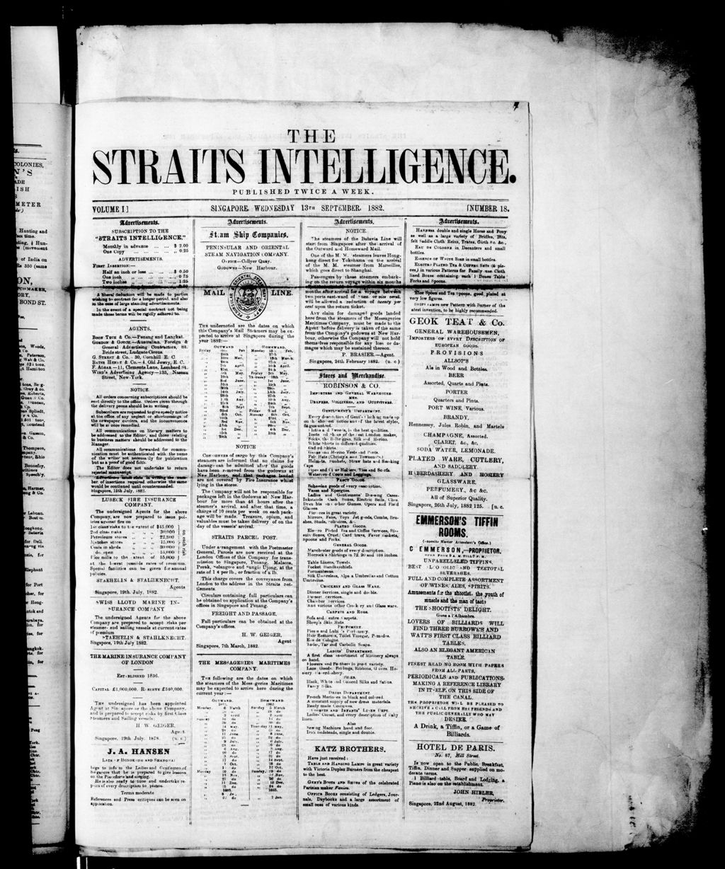 Miniature of Straits Intelligence 13 September 1882