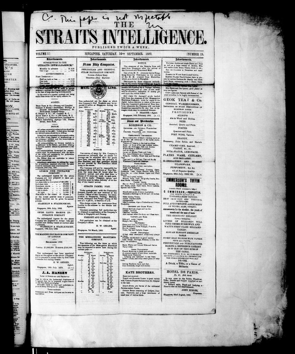 Miniature of Straits Intelligence 16 September 1882