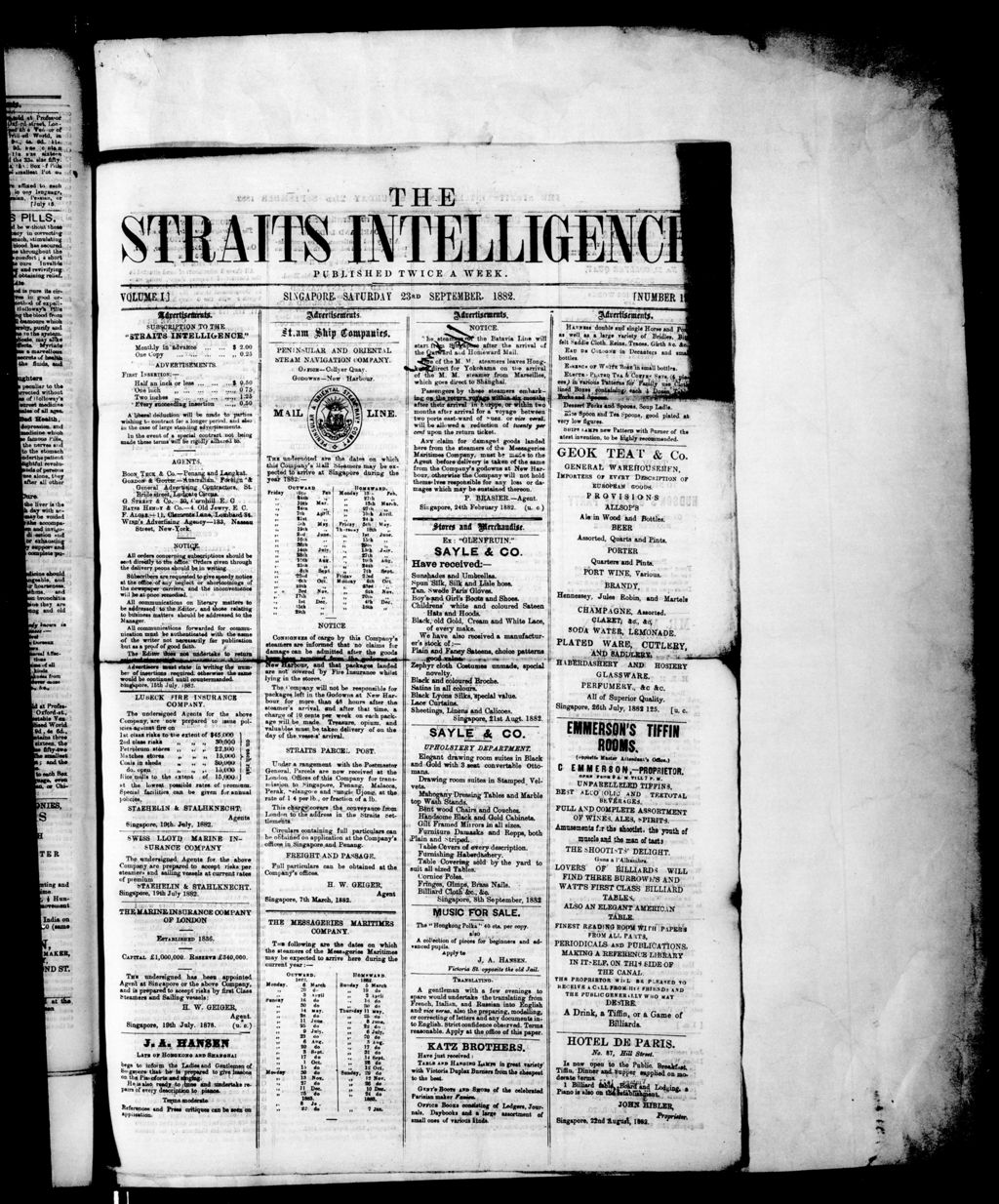 Miniature of Straits Intelligence 23 September 1882