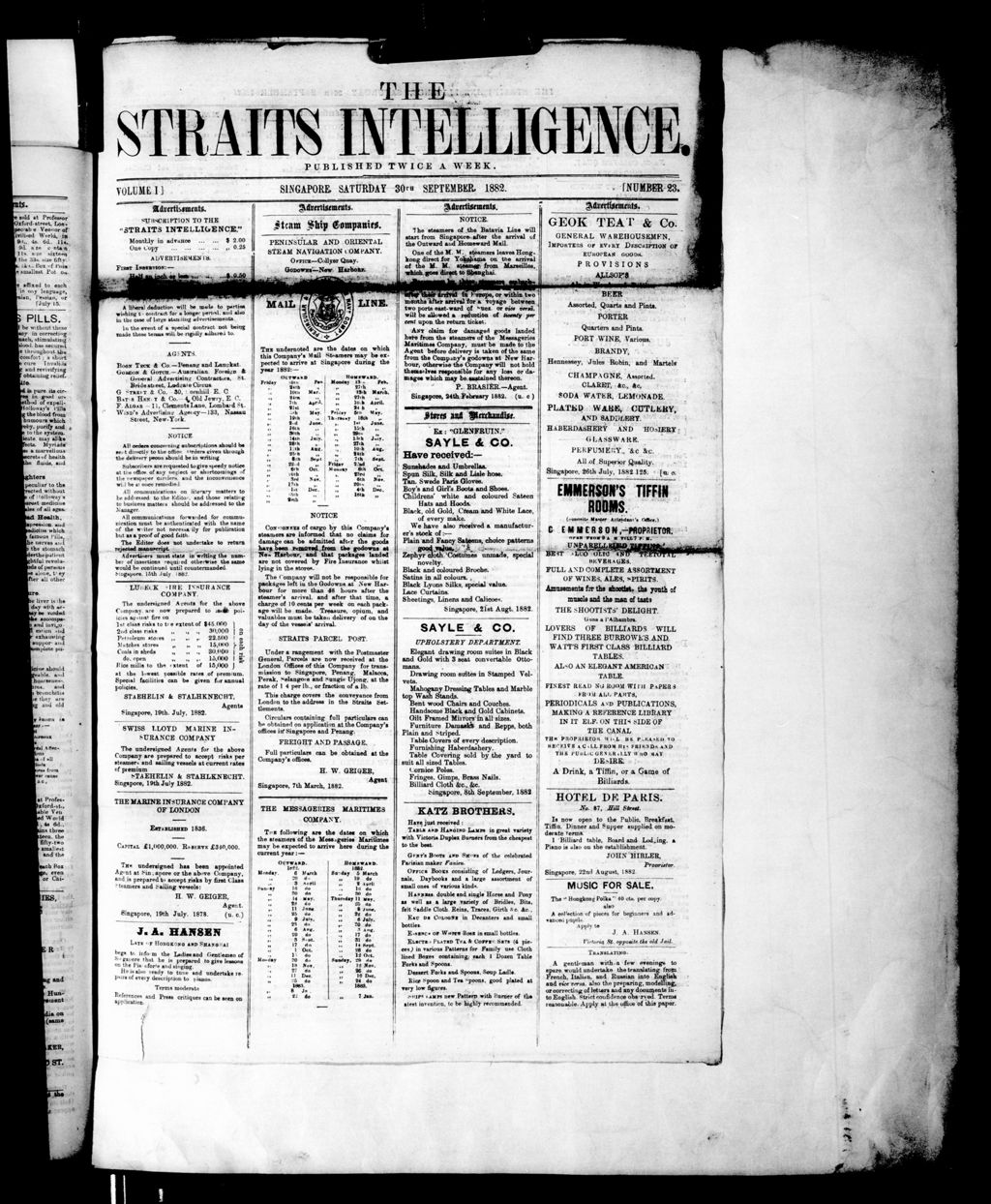 Miniature of Straits Intelligence 30 September 1882