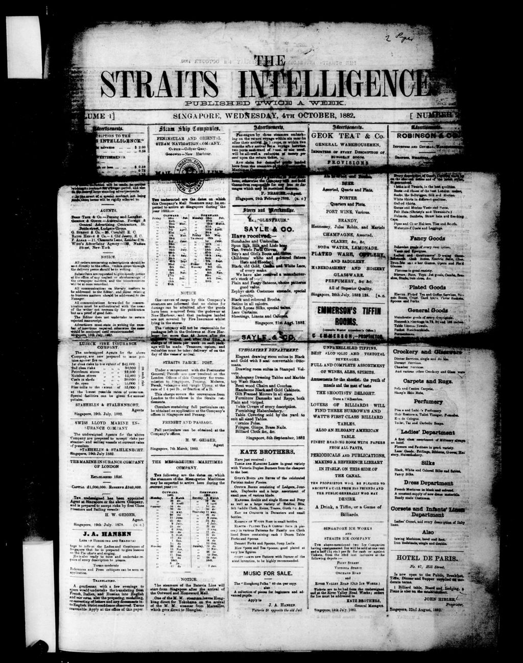 Miniature of Straits Intelligence 04 October 1882