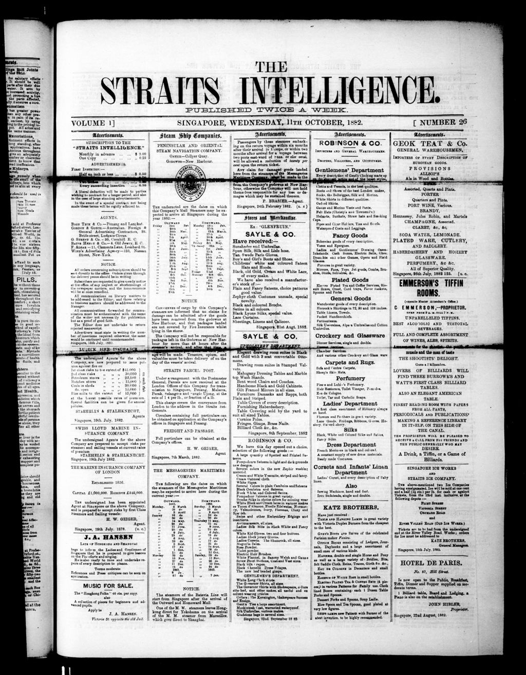 Miniature of Straits Intelligence 11 October 1882