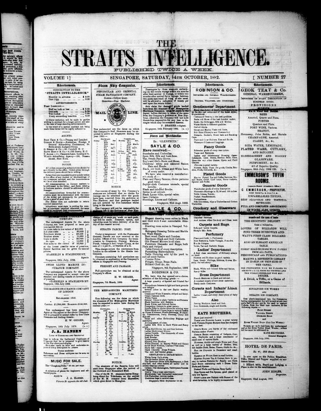 Miniature of Straits Intelligence 14 October 1882