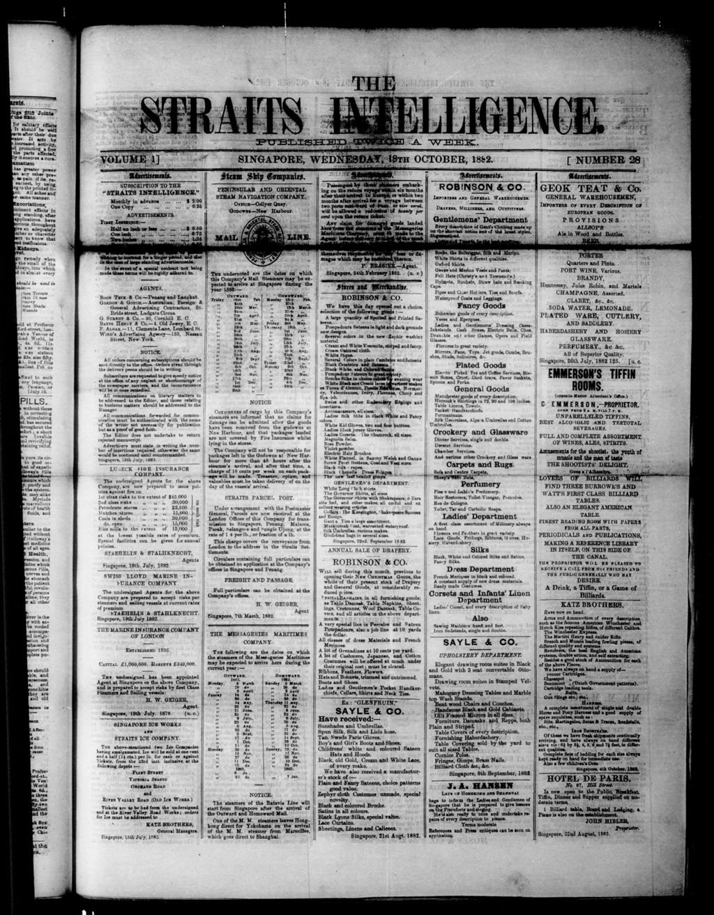 Miniature of Straits Intelligence 18 October 1882