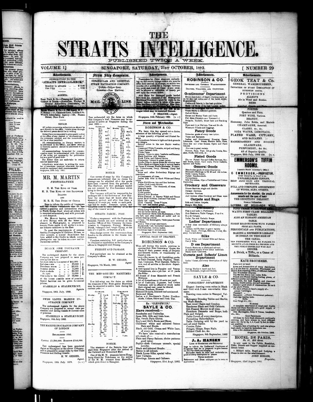 Miniature of Straits Intelligence 21 October 1882