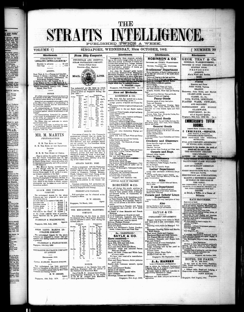 Miniature of Straits Intelligence 25 October 1882