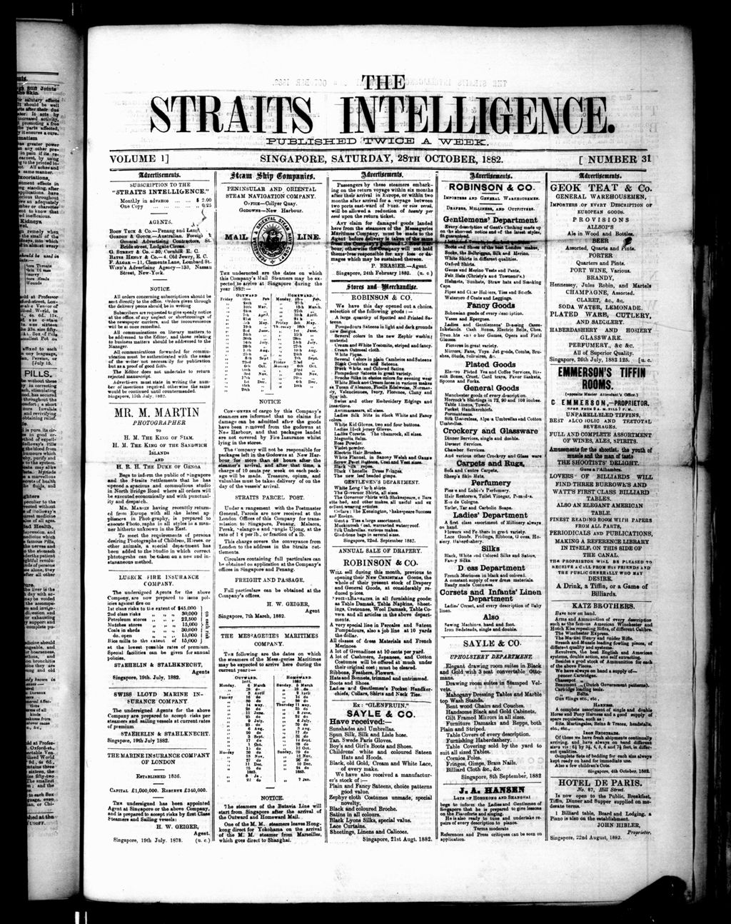 Miniature of Straits Intelligence 28 October 1882