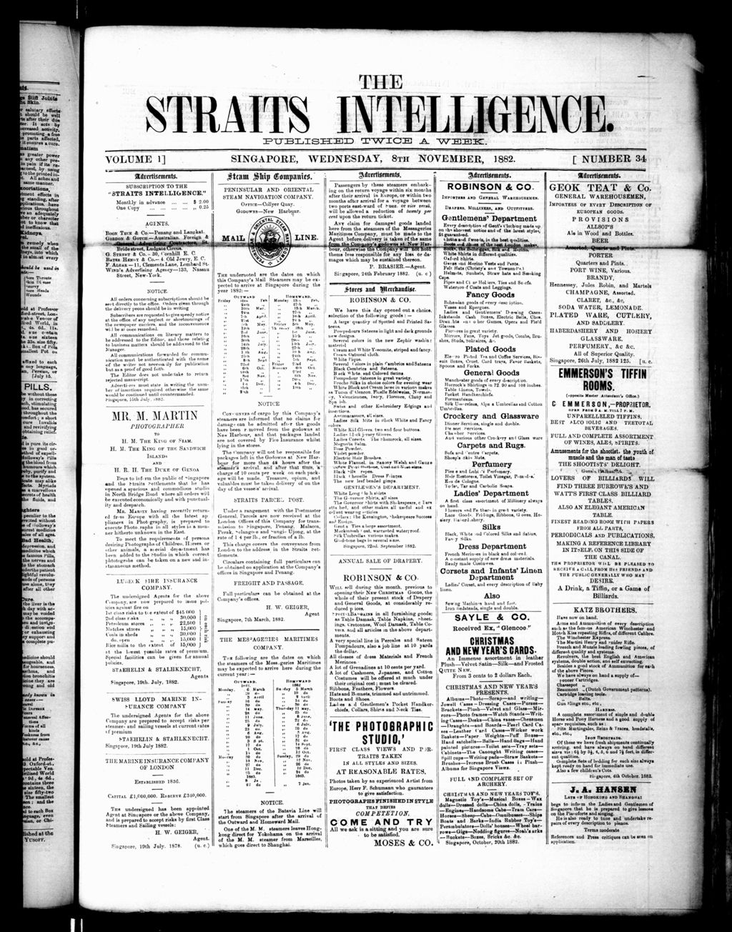 Miniature of Straits Intelligence 08 November 1882