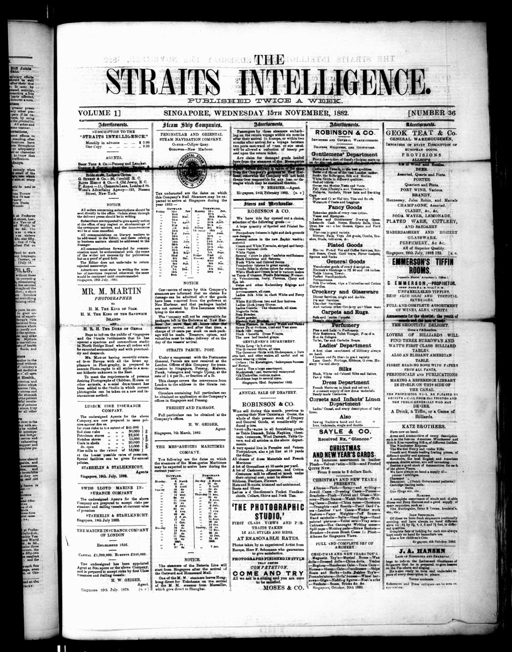 Miniature of Straits Intelligence 15 November 1882