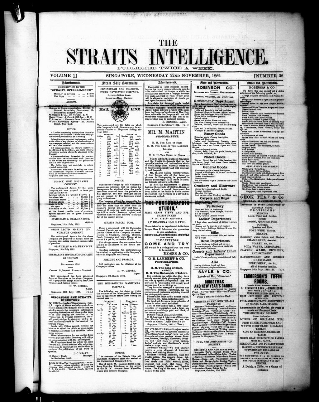 Miniature of Straits Intelligence 22 November 1882