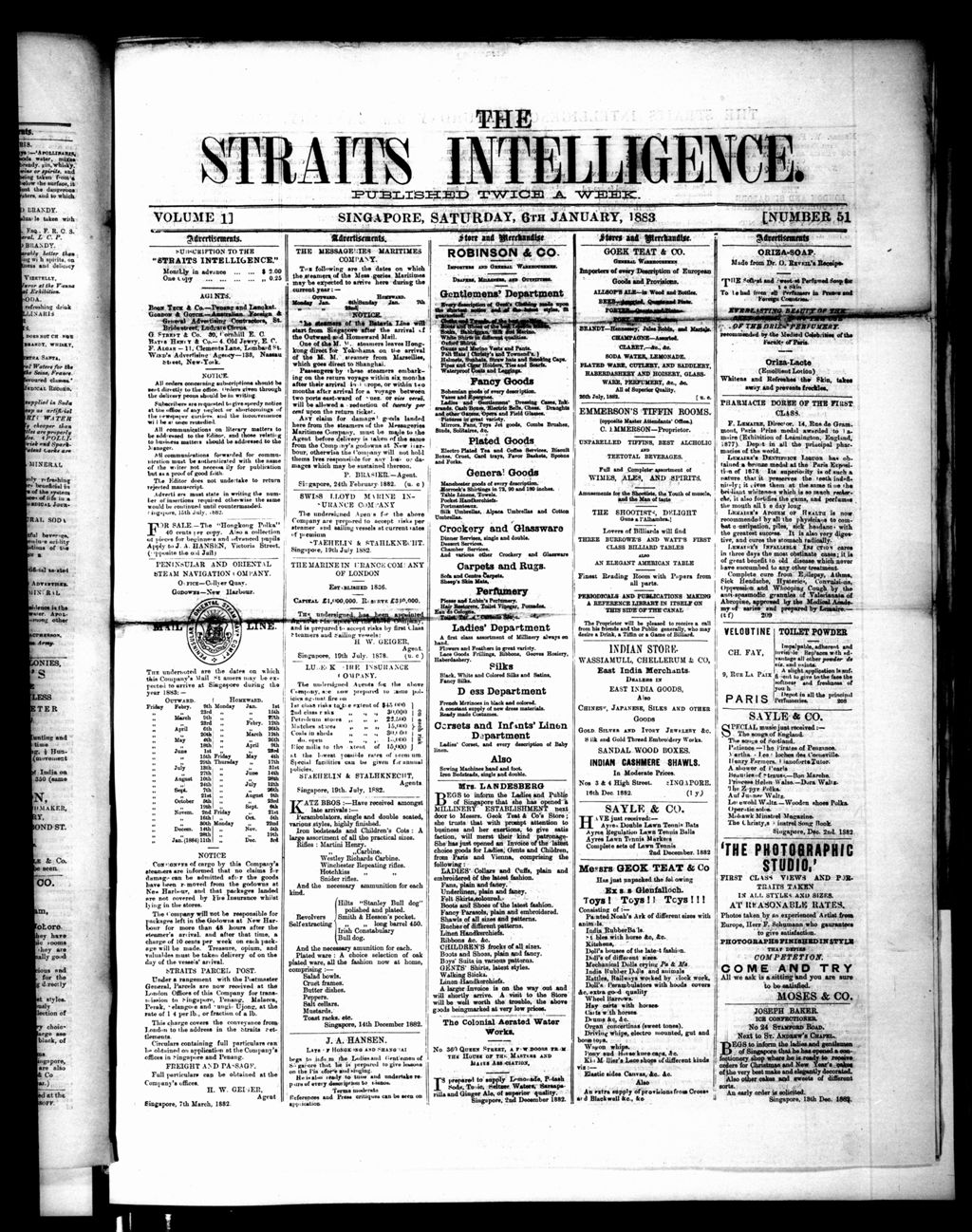 Miniature of Straits Intelligence 06 January 1883