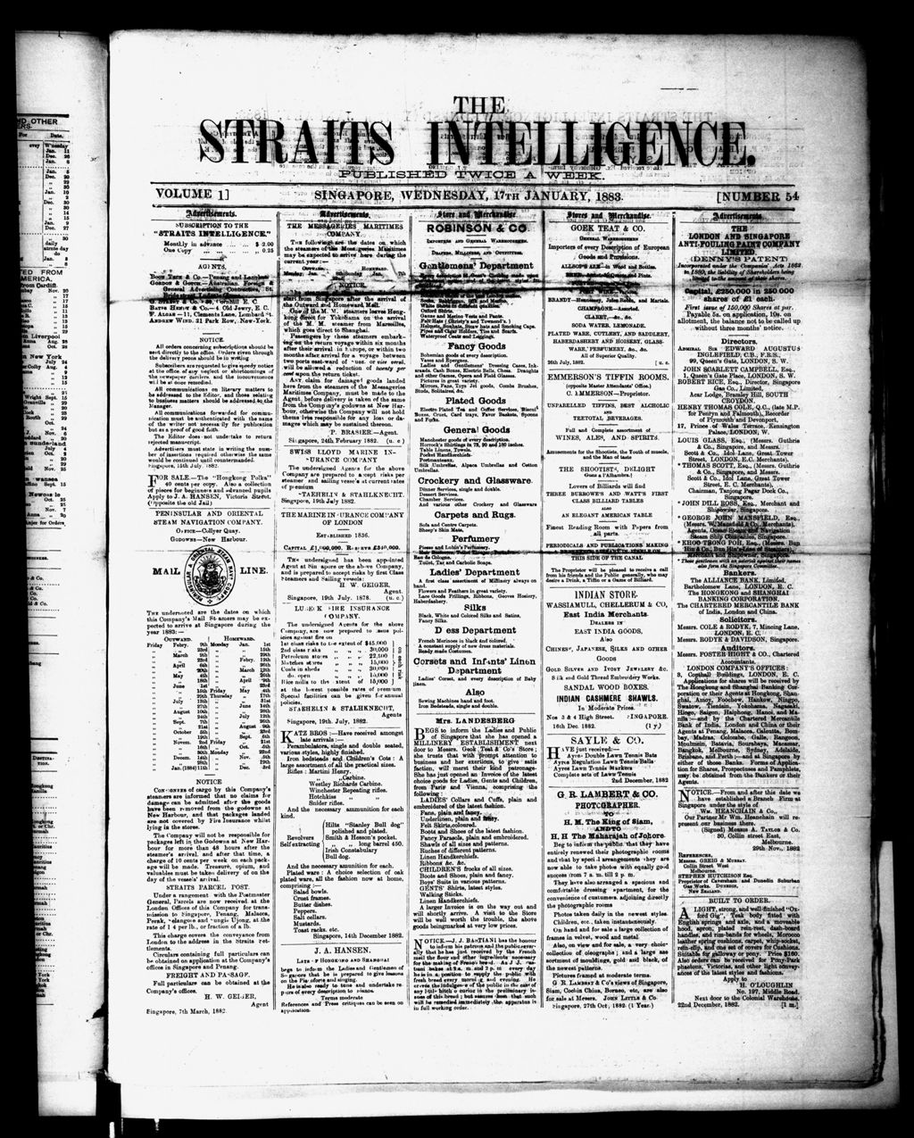 Miniature of Straits Intelligence 17 January 1883